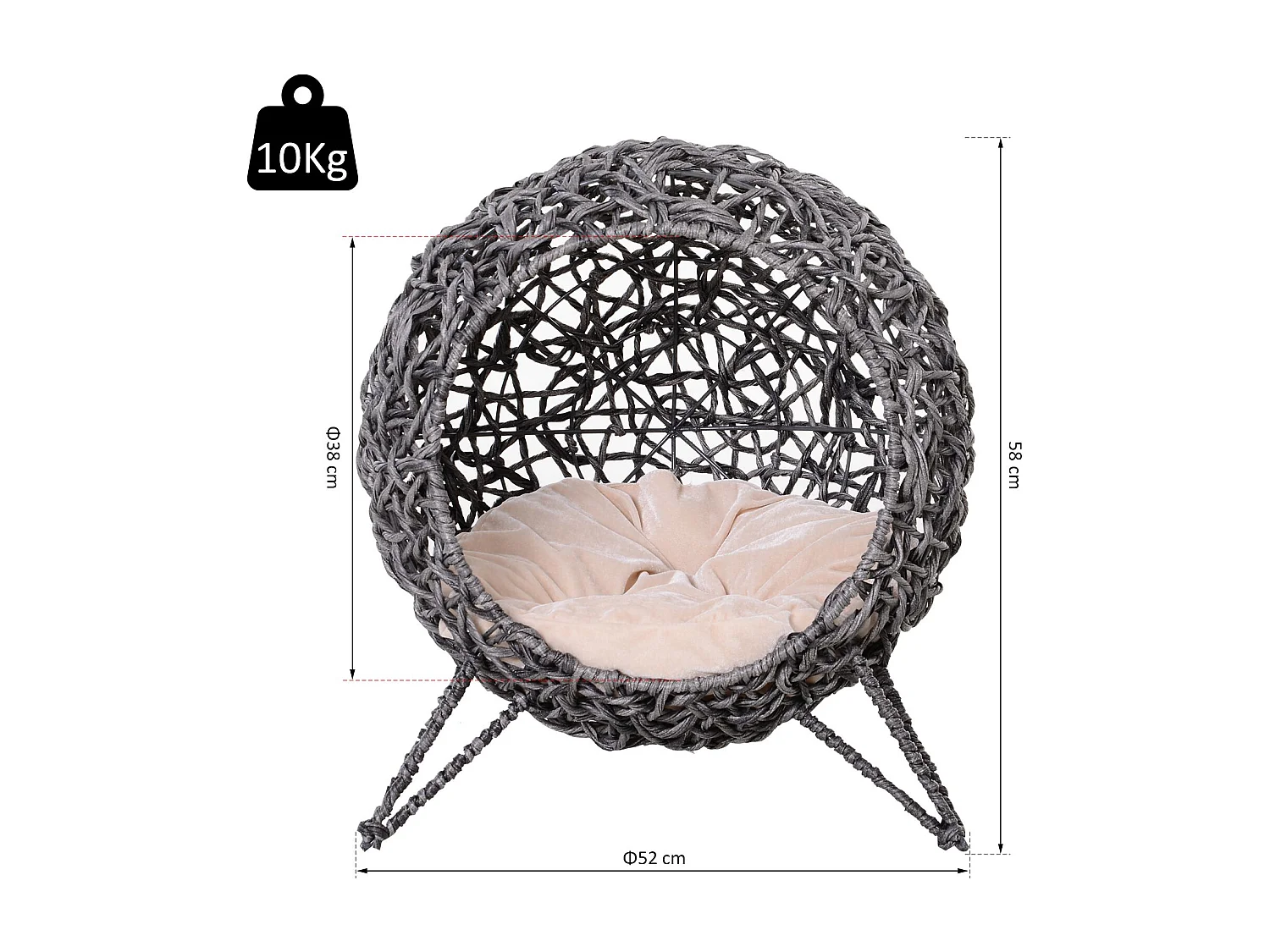 PawHut Panier chat lit chat cosy grand confort dim. Ø 52 x 58H cm coussin moelleux beige inclus résine tressée imitation rotin gris