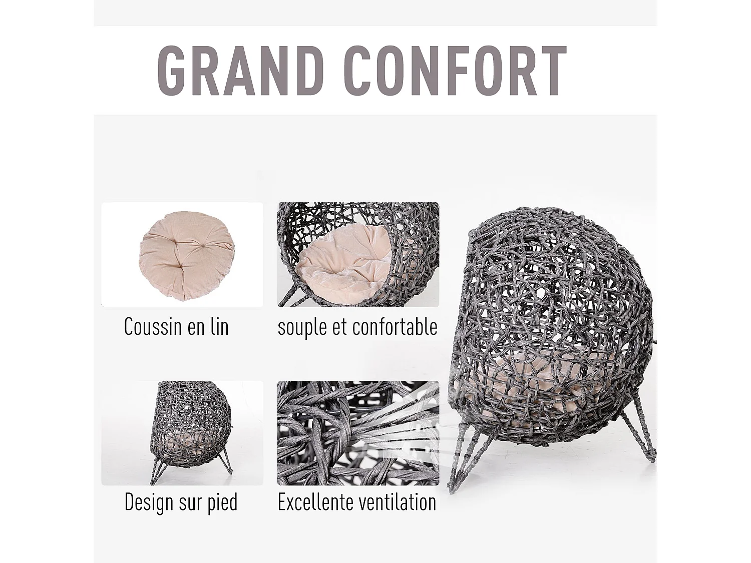 PawHut Panier chat lit chat cosy grand confort dim. Ø 52 x 58H cm coussin moelleux beige inclus résine tressée imitation rotin gris