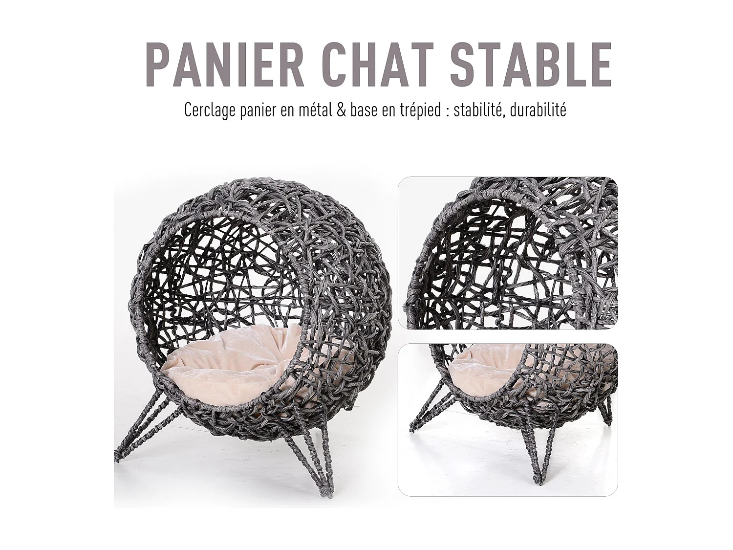 PawHut Panier chat lit chat cosy grand confort dim. Ø 52 x 58H cm coussin moelleux beige inclus résine tressée imitation rotin gris