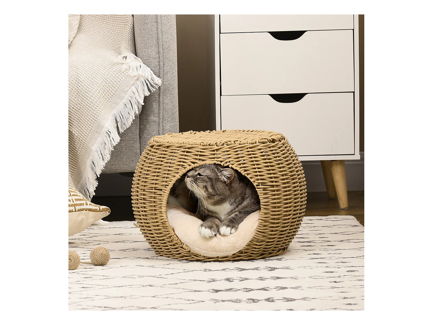 Panier chat lit chat cosy grand confort dim. Ø 40 x 30H cm coussin moelleux inclus polyester résine beige