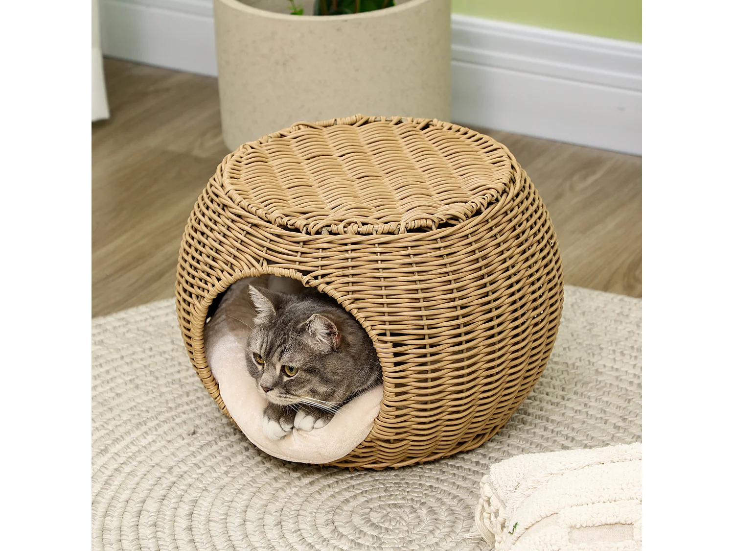 Panier chat lit chat cosy grand confort dim. Ø 40 x 30H cm coussin moelleux inclus polyester résine beige