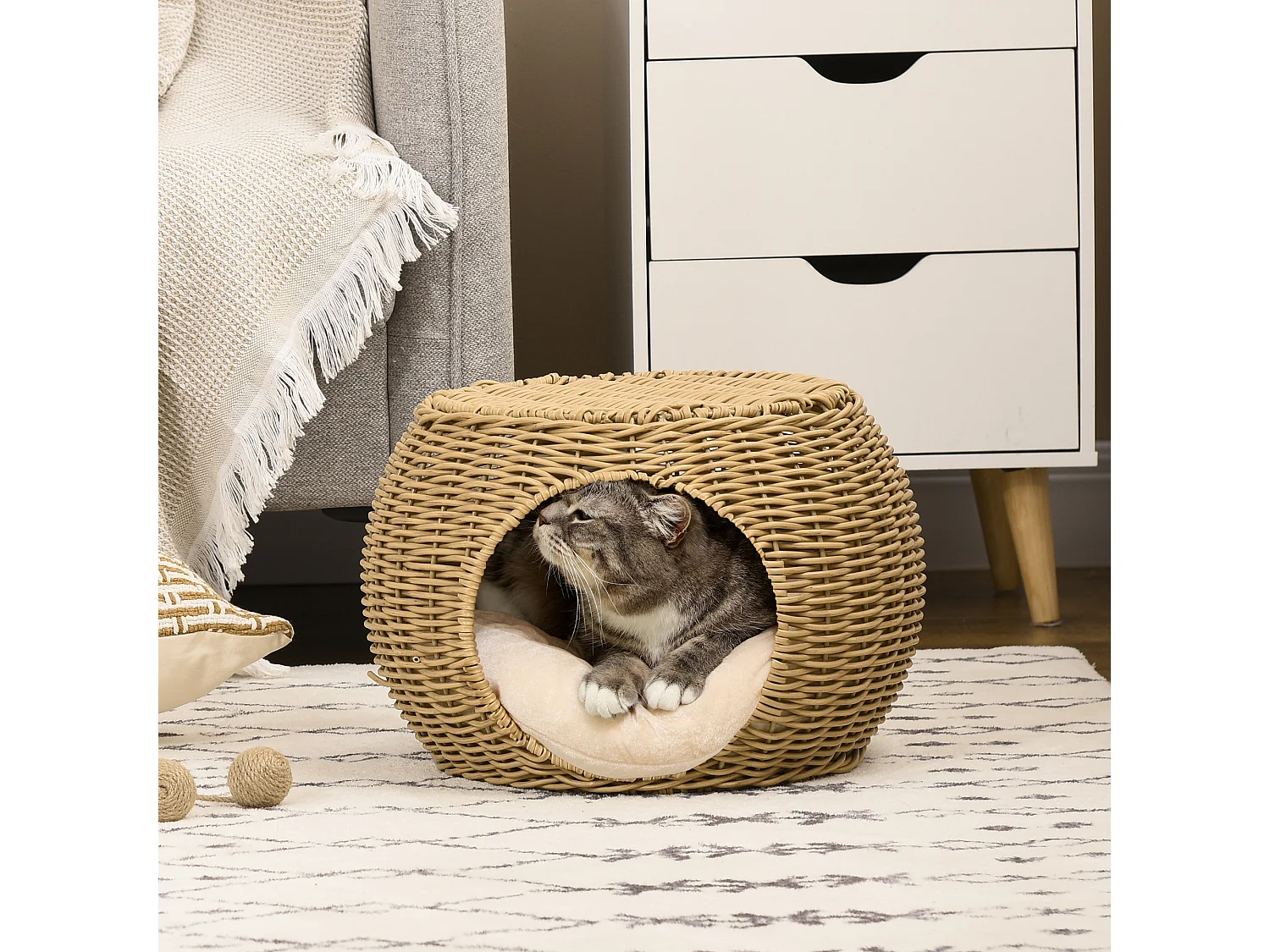 Panier chat lit chat cosy grand confort dim. Ø 40 x 30H cm coussin moelleux inclus polyester résine beige