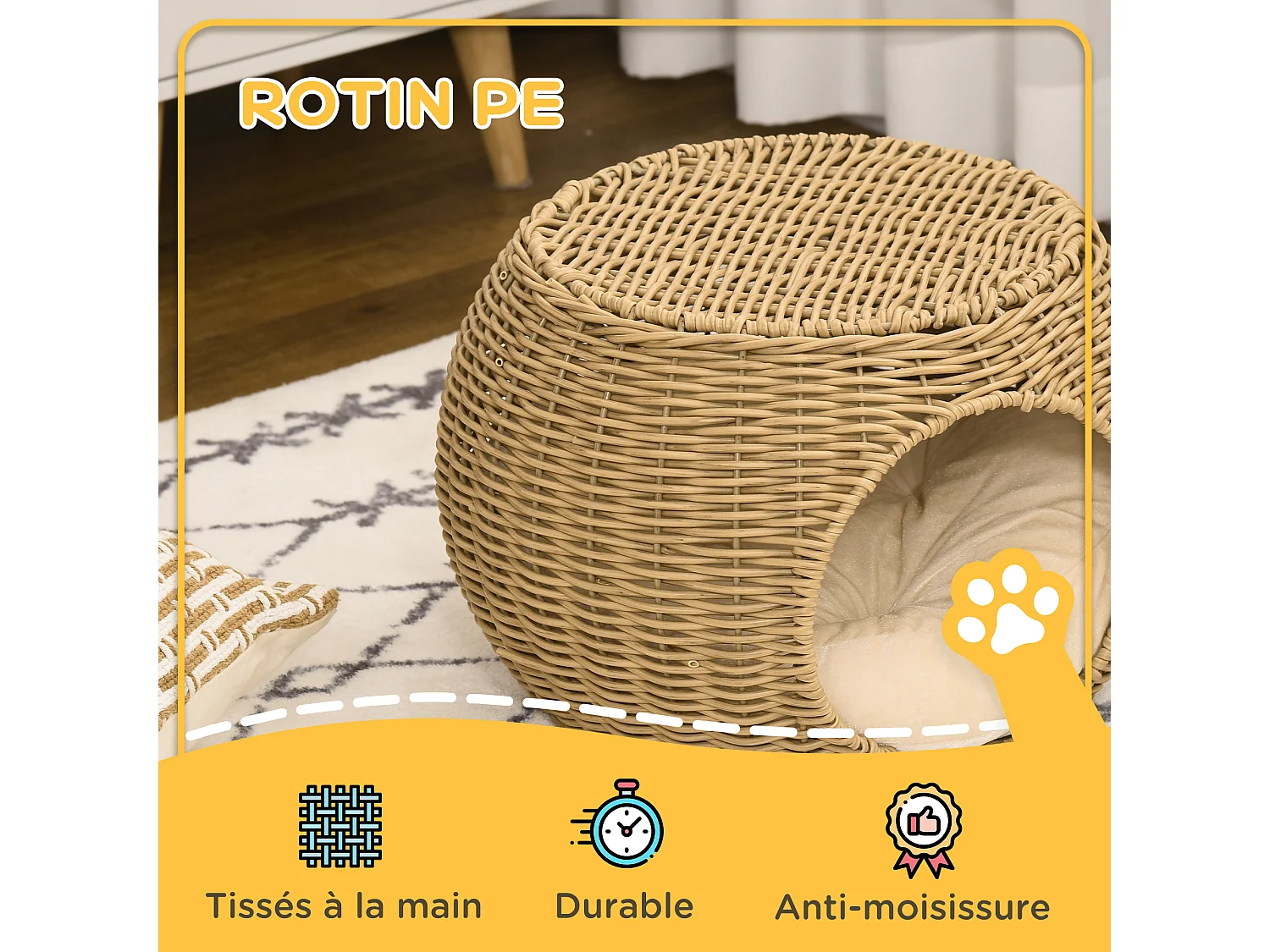 Panier chat lit chat cosy grand confort dim. Ø 40 x 30H cm coussin moelleux inclus polyester résine beige