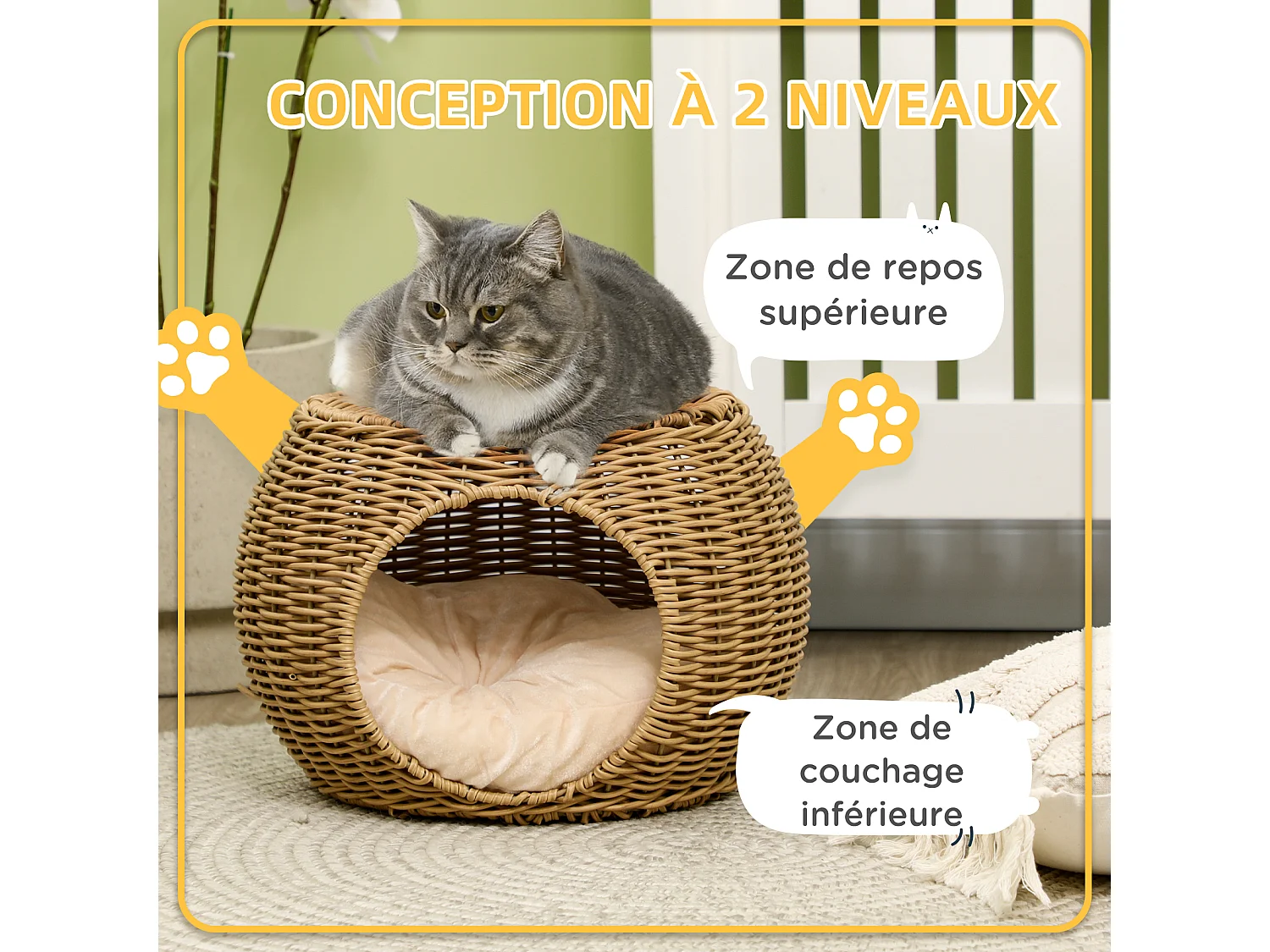 Panier chat lit chat cosy grand confort dim. Ø 40 x 30H cm coussin moelleux inclus polyester résine beige