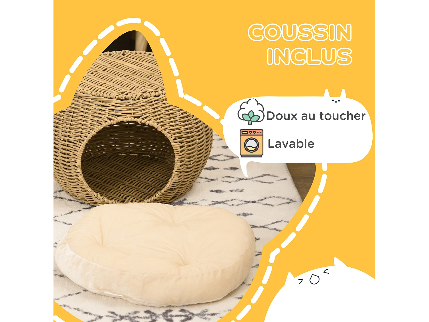 Panier chat lit chat cosy grand confort dim. Ø 40 x 30H cm coussin moelleux inclus polyester résine beige
