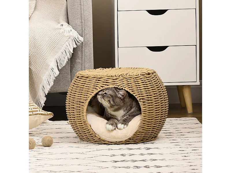 Panier chat lit chat cosy grand confort dim. Ø 40 x 30H cm coussin moelleux inclus polyester résine beige