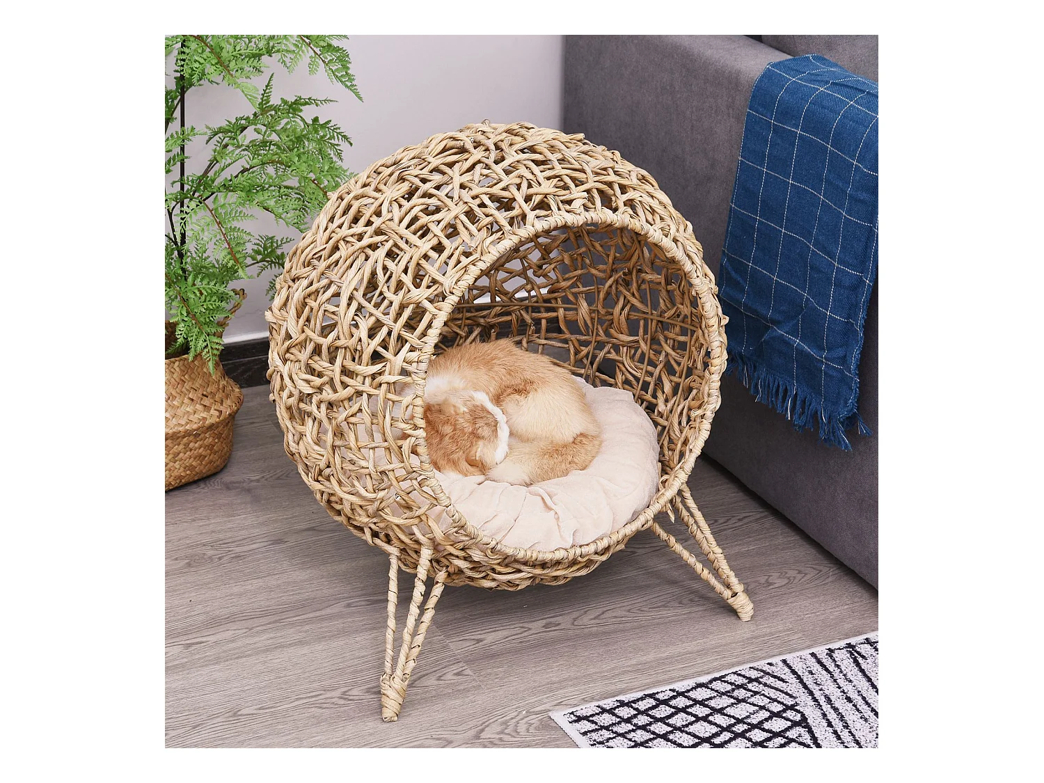 PawHut Panier chat lit chat cosy grand confort dim. Ø 52 x 58H cm coussin moelleux inclus résine tressée imitation rotin beige