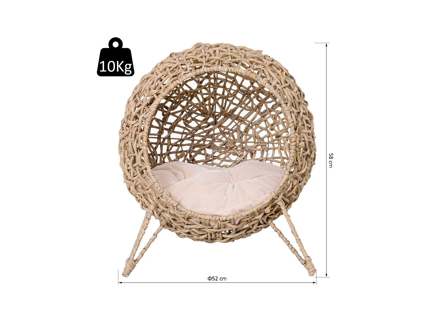 PawHut Panier chat lit chat cosy grand confort dim. Ø 52 x 58H cm coussin moelleux inclus résine tressée imitation rotin beige