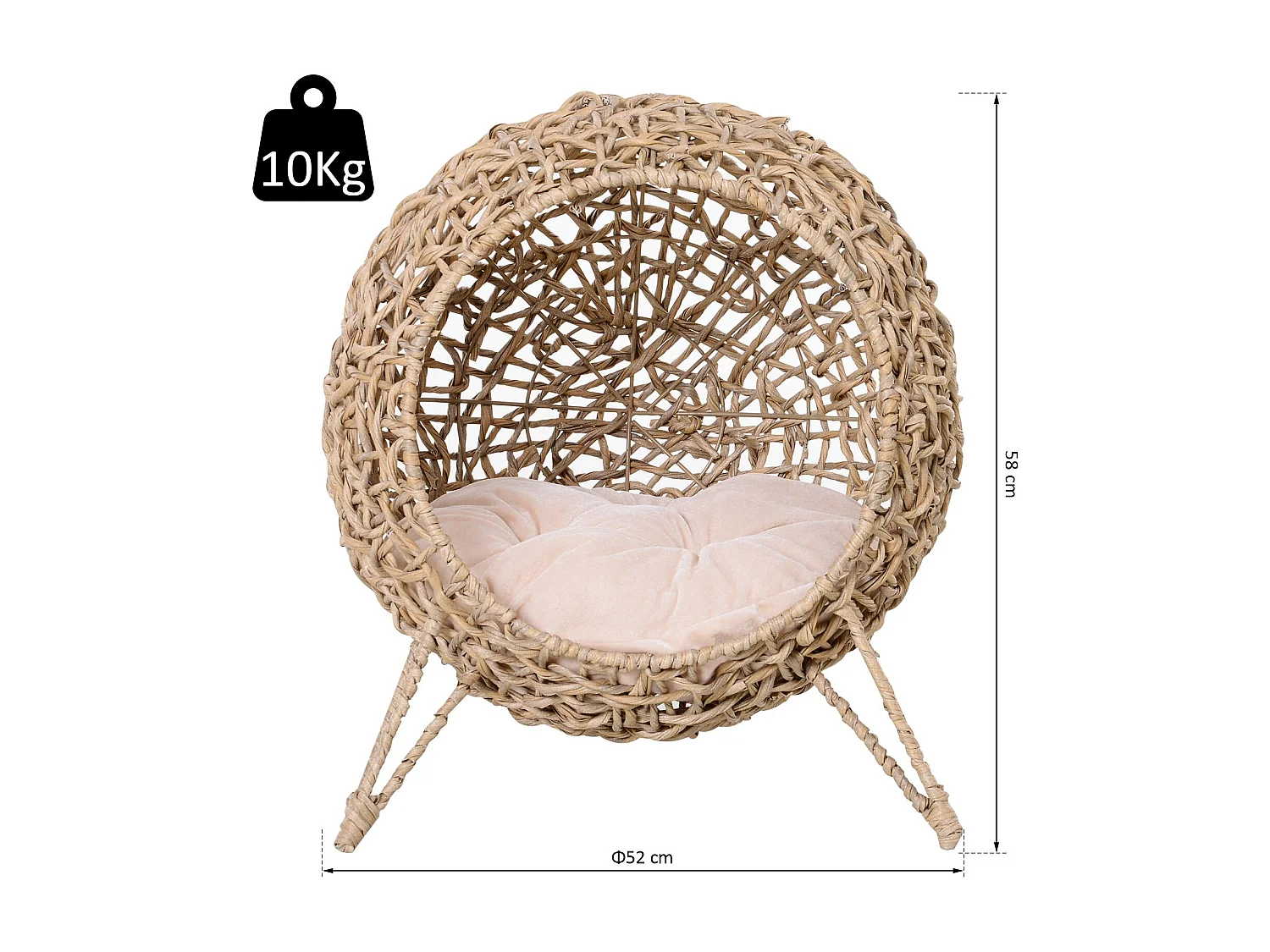PawHut Panier chat lit chat cosy grand confort dim. Ø 52 x 58H cm coussin moelleux inclus résine tressée imitation rotin beige