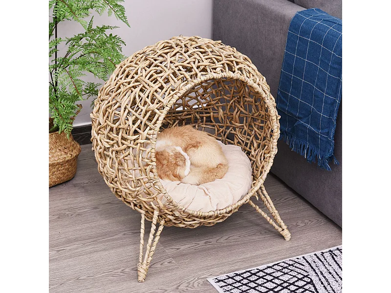 PawHut Panier chat lit chat cosy grand confort dim. Ø 52 x 58H cm coussin moelleux inclus résine tressée imitation rotin beige