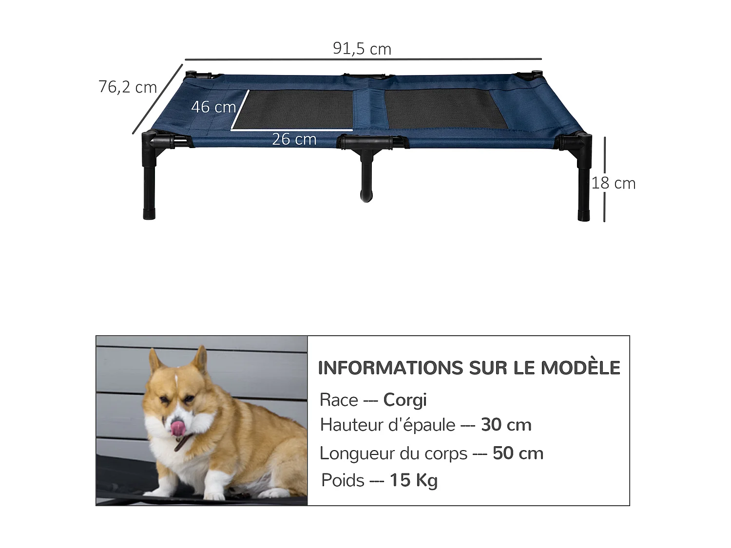 Lit sur pieds XXL pour chien chat lit de camp animal lit surélevé tissu oxford textilène micro-perforé 92L x 76l x 18H cm bleu marine