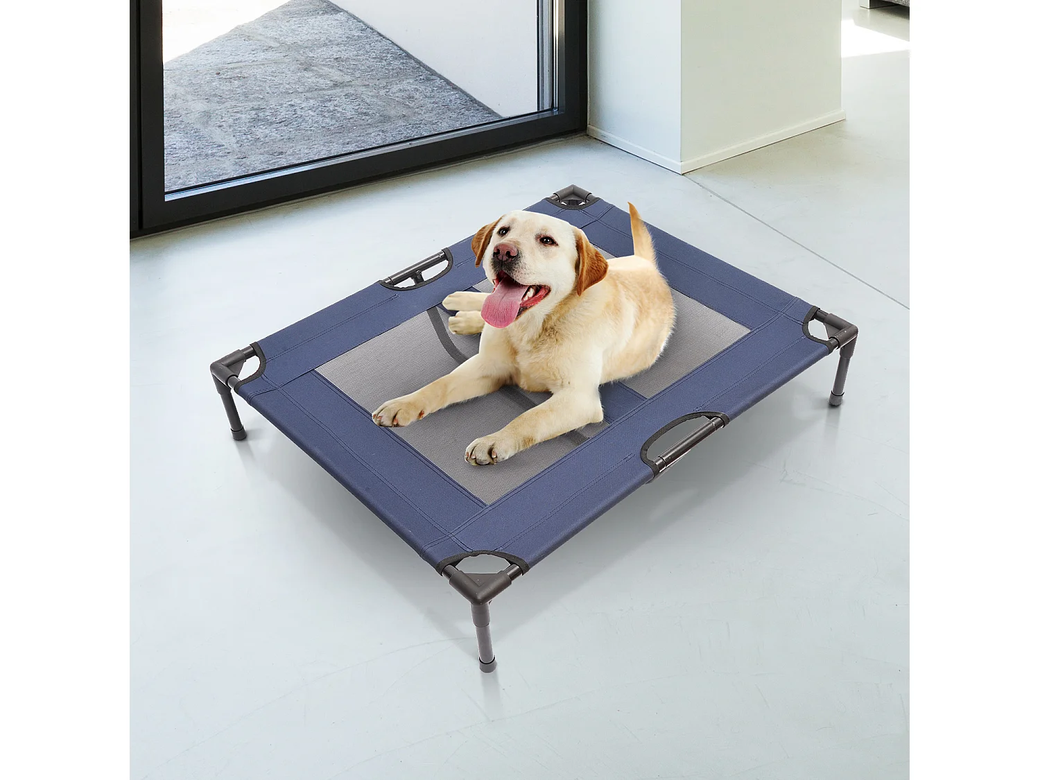 Lit sur pieds XXL pour chien chat lit de camp animal lit surélevé tissu oxford textilène micro-perforé 92L x 76l x 18H cm bleu marine