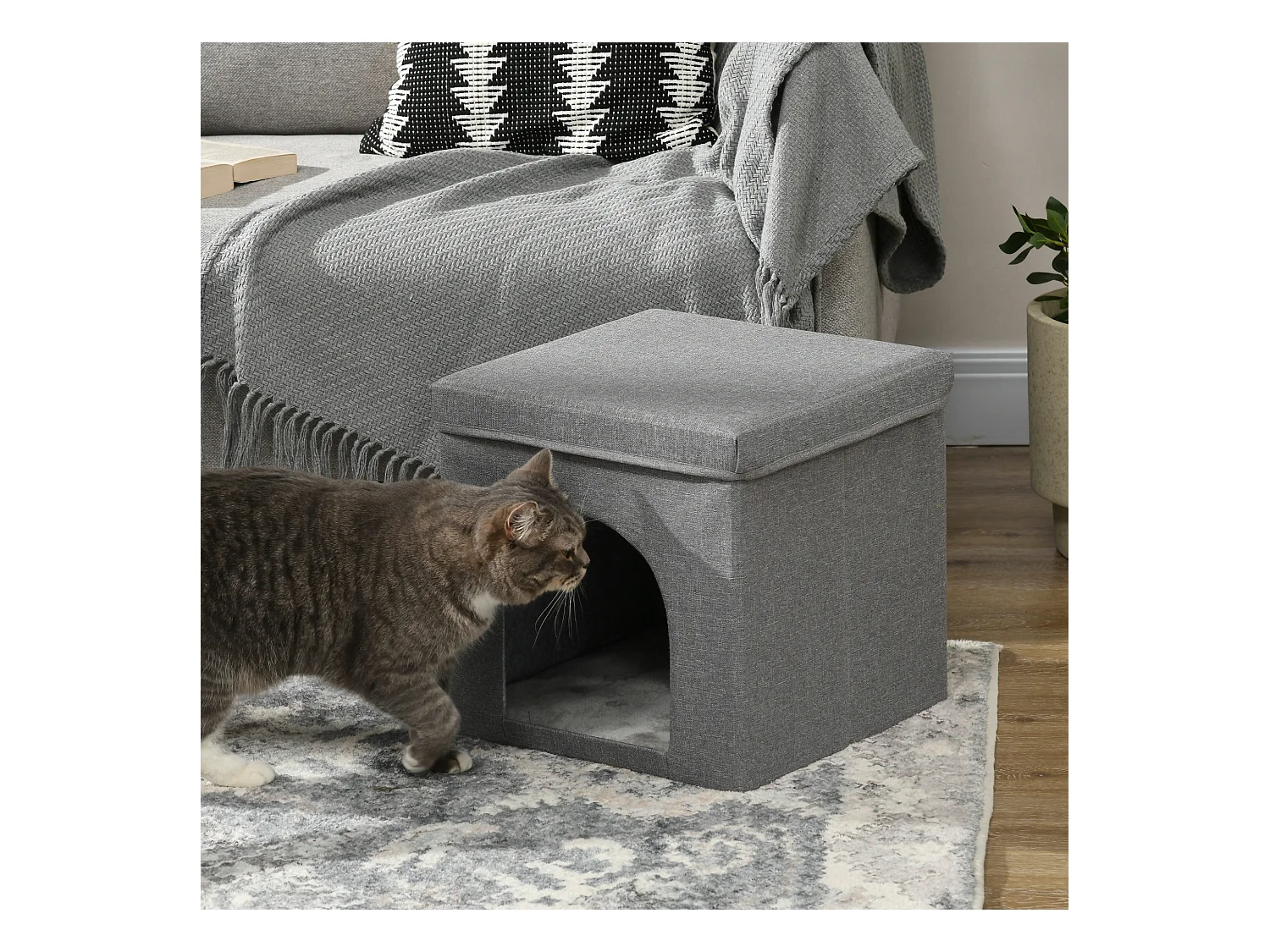 Panier chat grattoir pouf pliable 3 en 1 - coussin amovible lavable, grattoir - MDF tissu aspect lin gris