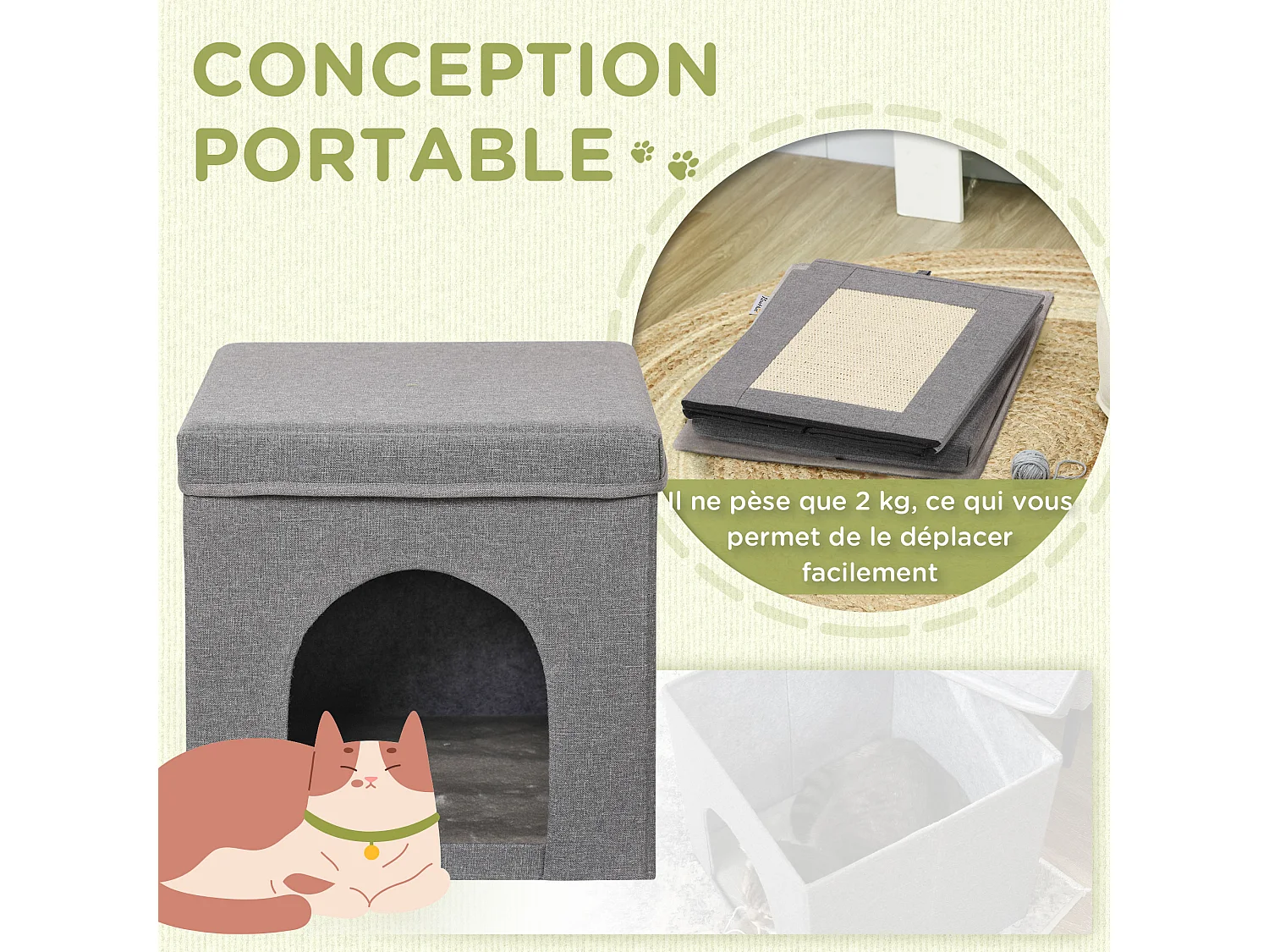 Panier chat grattoir pouf pliable 3 en 1 - coussin amovible lavable, grattoir - MDF tissu aspect lin gris