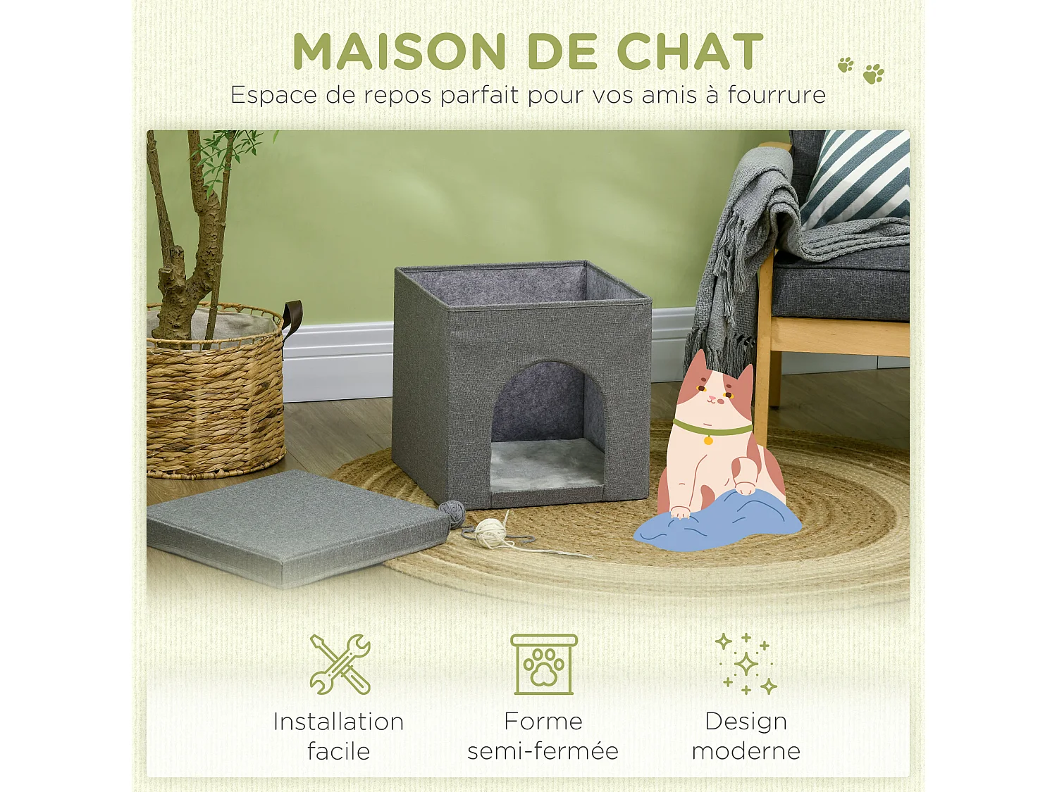 Panier chat grattoir pouf pliable 3 en 1 - coussin amovible lavable, grattoir - MDF tissu aspect lin gris