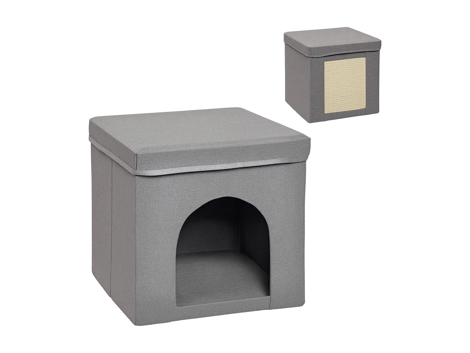 Panier chat grattoir pouf pliable 3 en 1 - coussin amovible lavable, grattoir - MDF tissu aspect lin gris