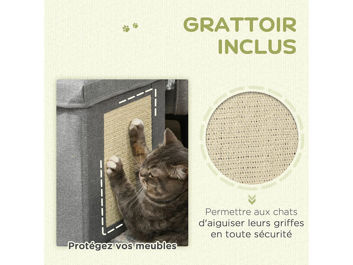 Panier chat grattoir pouf pliable 3 en 1 - coussin amovible lavable, grattoir - MDF tissu aspect lin gris