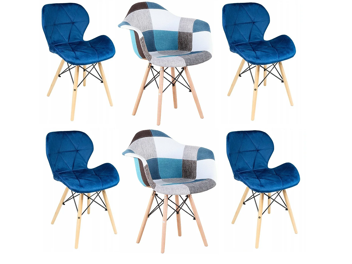 Lot de 4 chaises ELEXIT Velours bleu + 2 fauteuils patchworks bleu