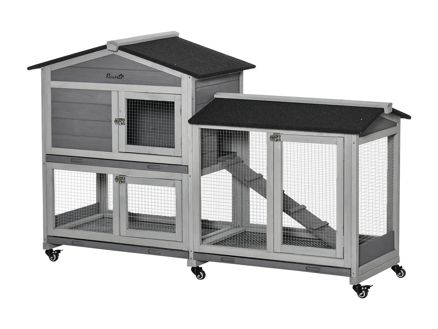 Clapier bois sur roulettes 2 niv. 3 plateaux déjections coulissants sapin gris pré-huilé