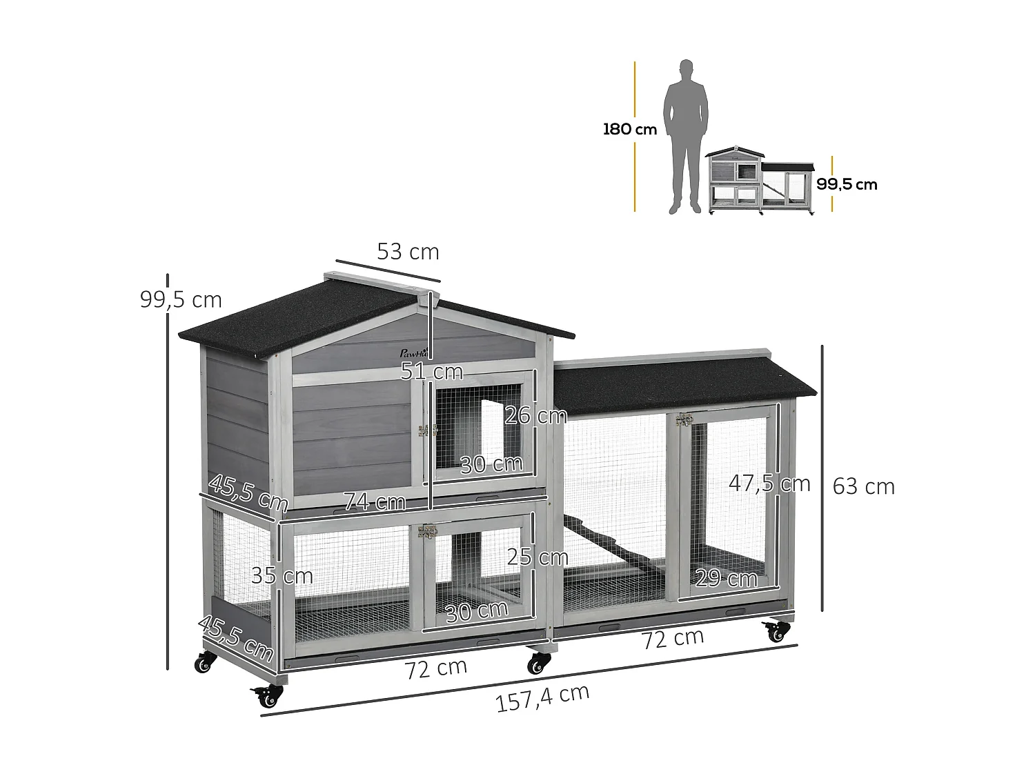 Clapier bois sur roulettes 2 niv. 3 plateaux déjections coulissants sapin gris pré-huilé