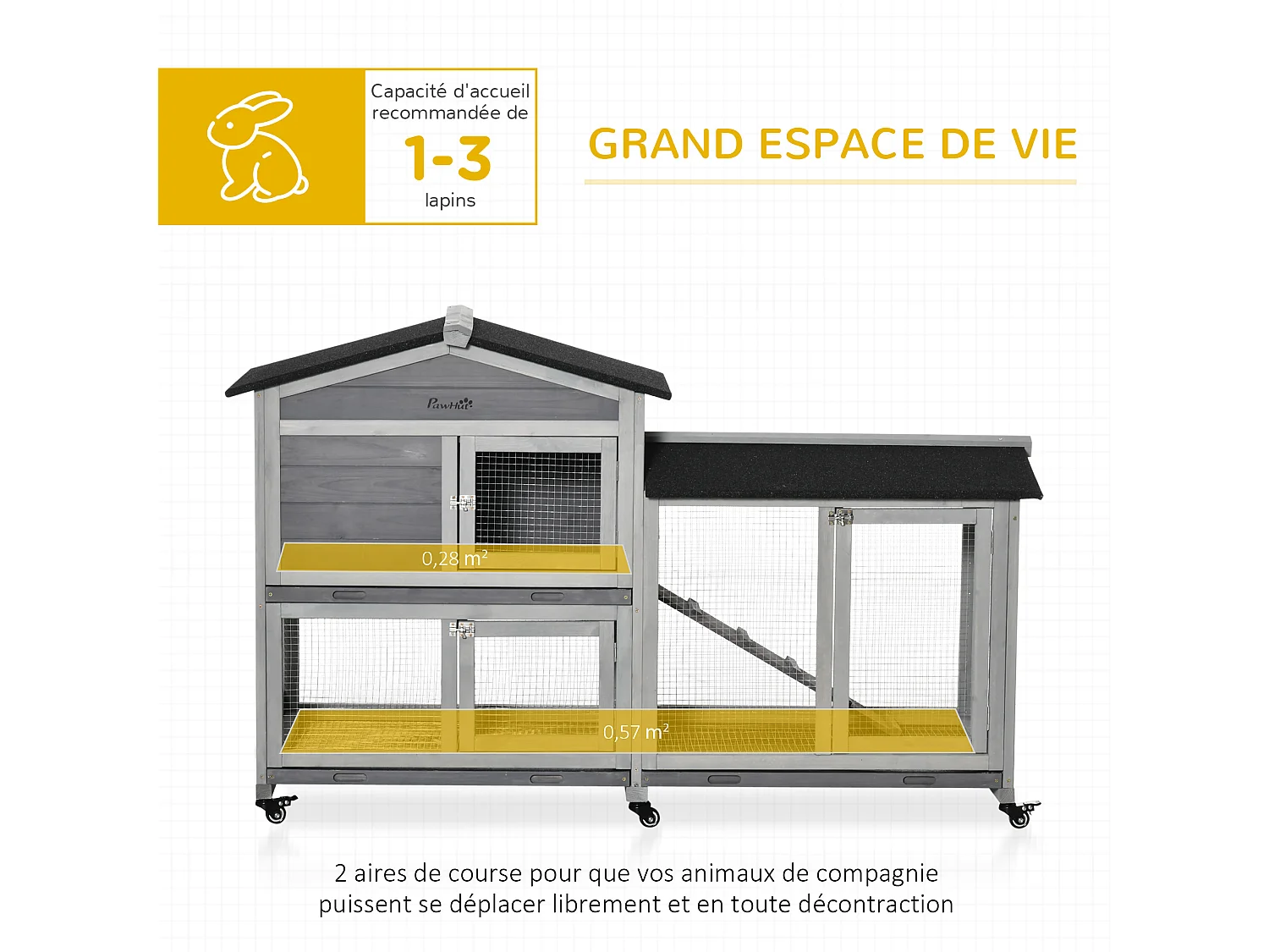 Clapier bois sur roulettes 2 niv. 3 plateaux déjections coulissants sapin gris pré-huilé