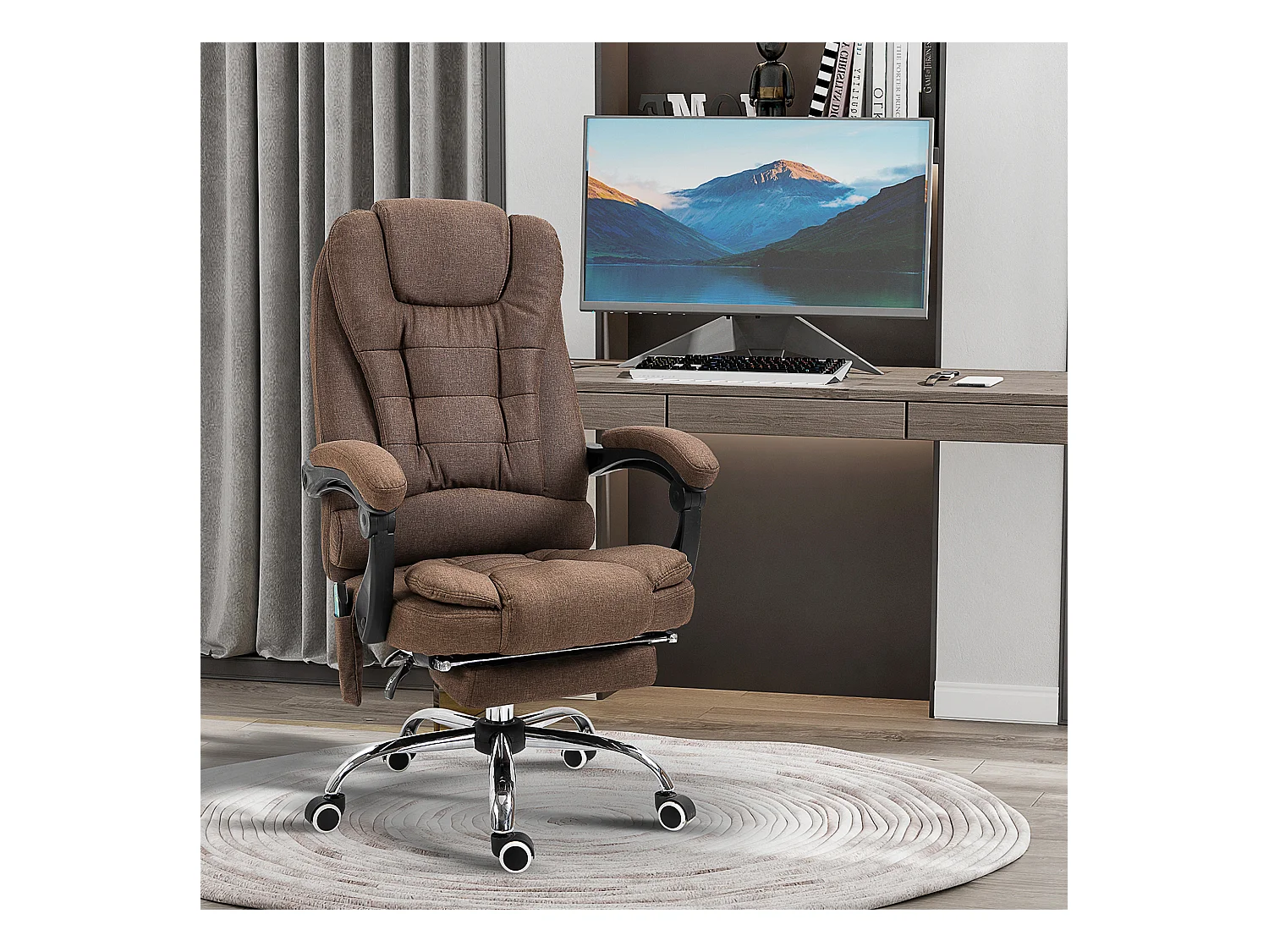 Fauteuil de bureau direction massant chauffant hauteur réglable dossier inclinable tissu aspect lin marron