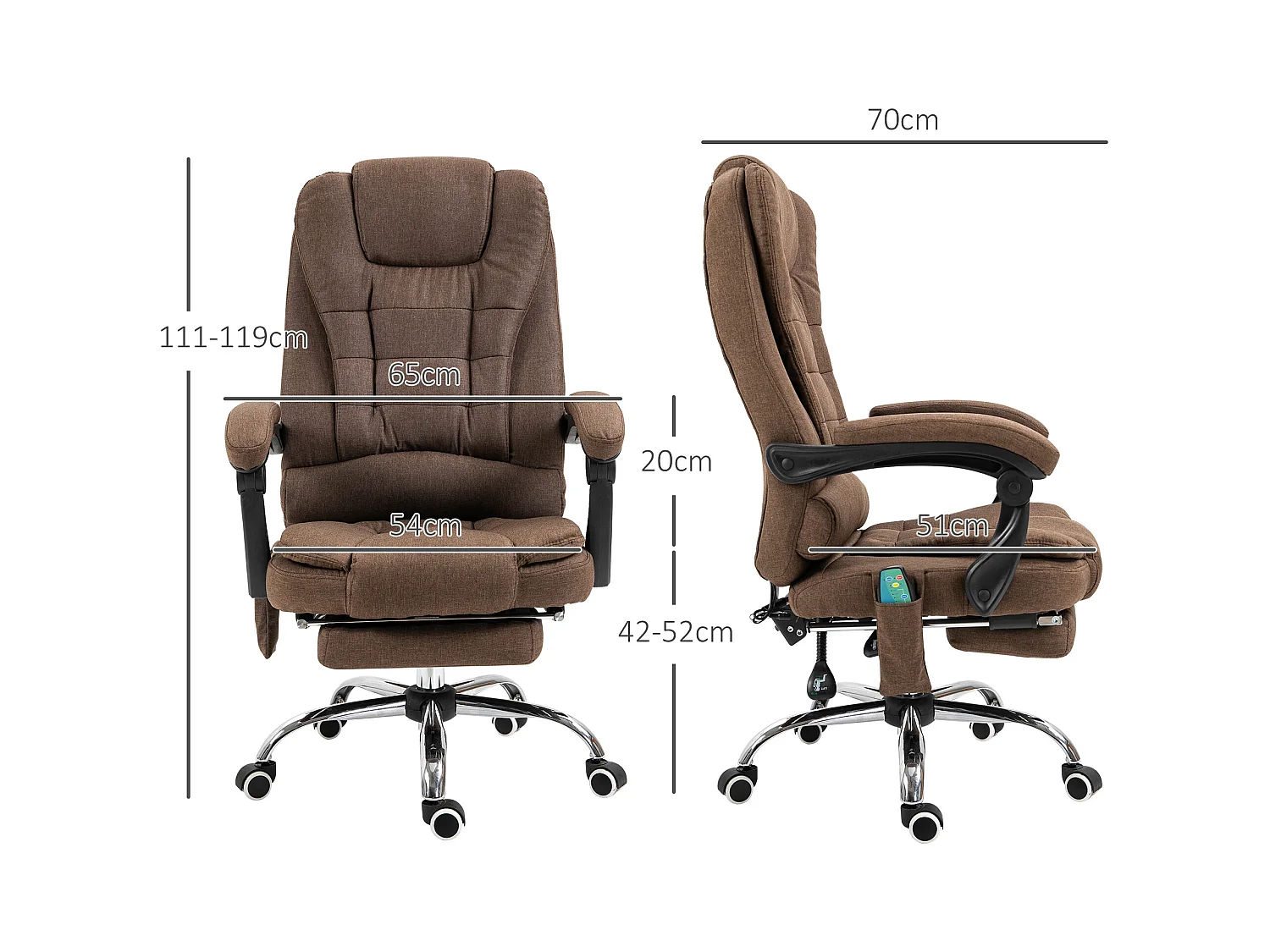 Fauteuil de bureau direction massant chauffant hauteur réglable dossier inclinable tissu aspect lin marron