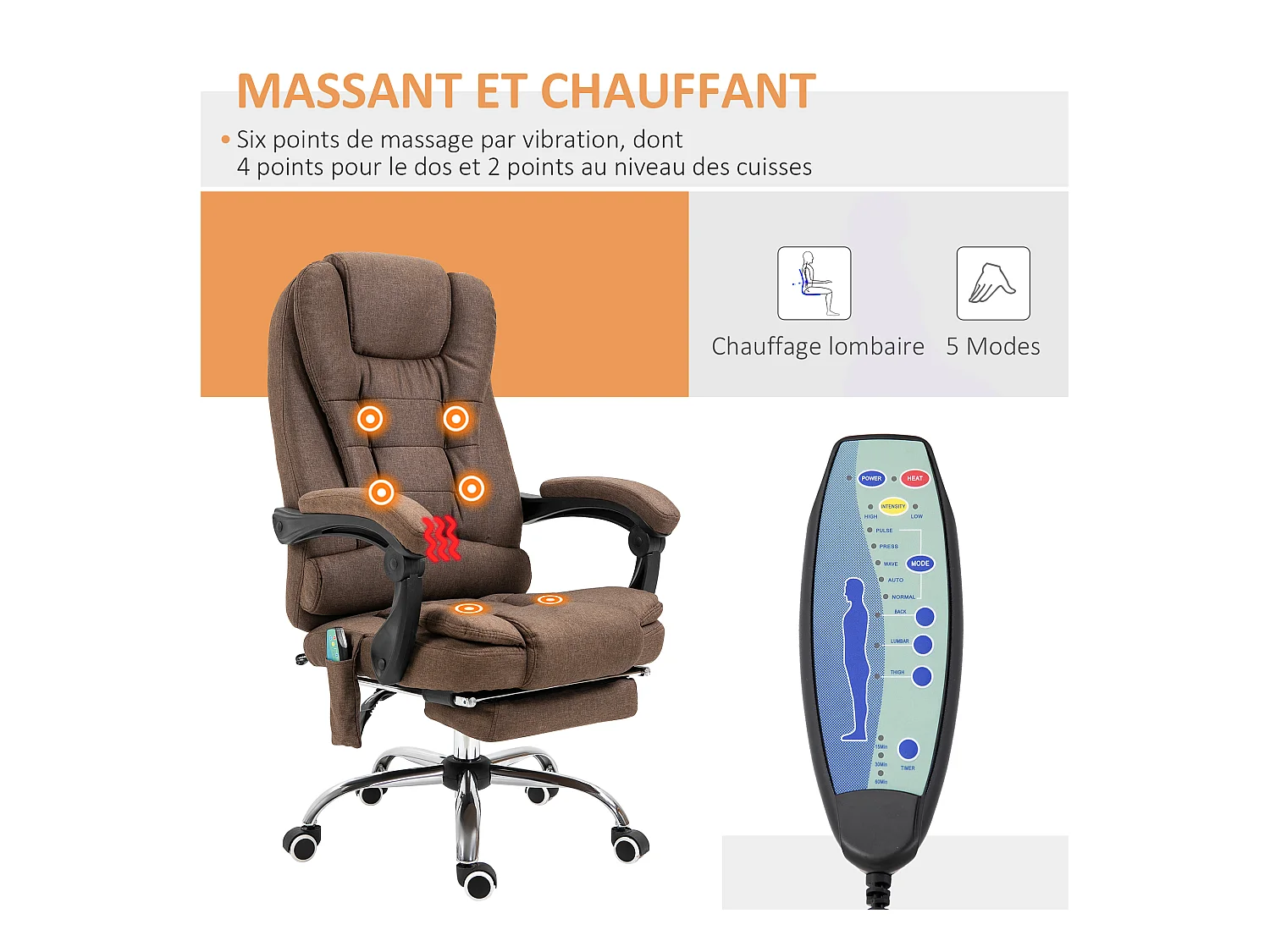 Fauteuil de bureau direction massant chauffant hauteur réglable dossier inclinable tissu aspect lin marron