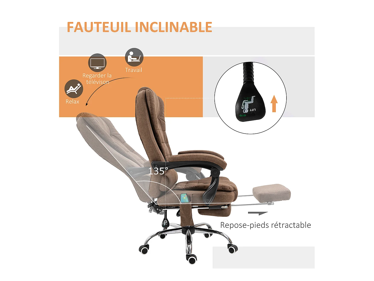 Fauteuil de bureau direction massant chauffant hauteur réglable dossier inclinable tissu aspect lin marron
