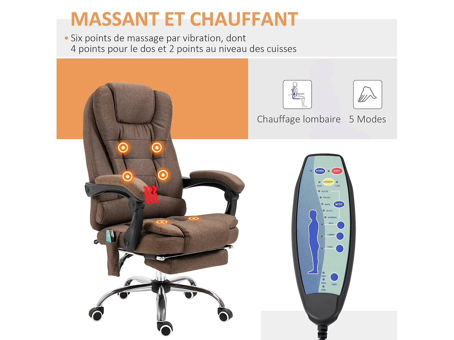 Fauteuil de bureau direction massant chauffant hauteur réglable dossier inclinable tissu aspect lin marron