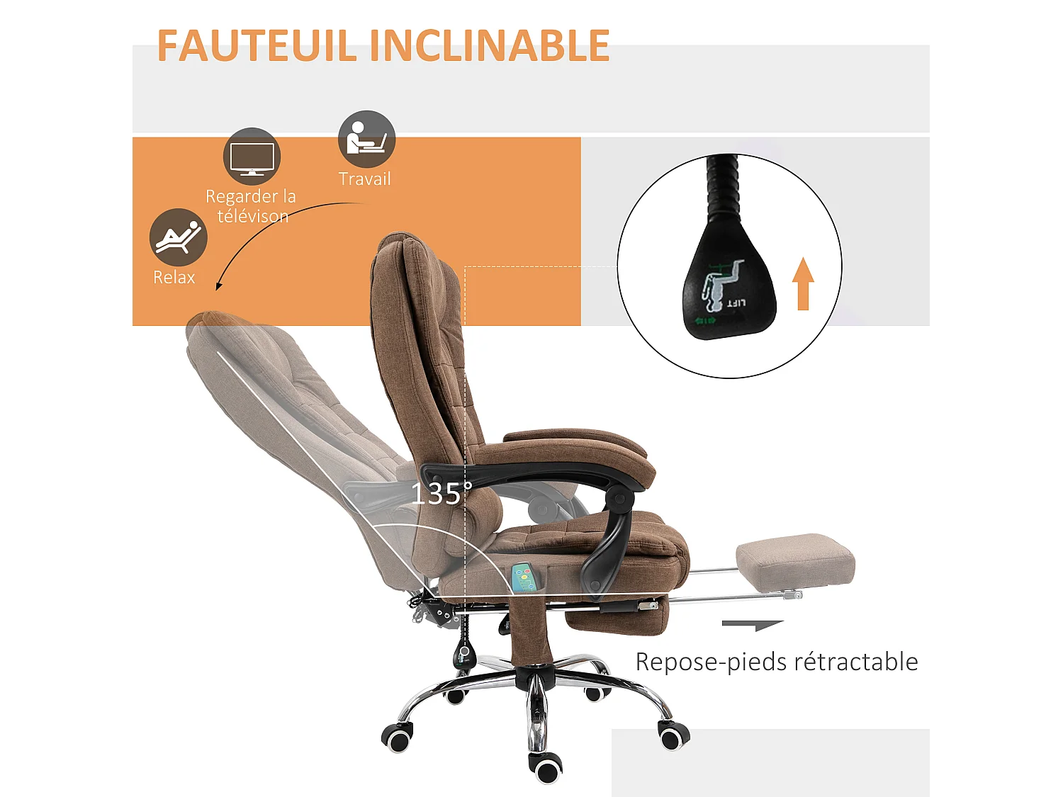 Fauteuil de bureau direction massant chauffant hauteur réglable dossier inclinable tissu aspect lin marron