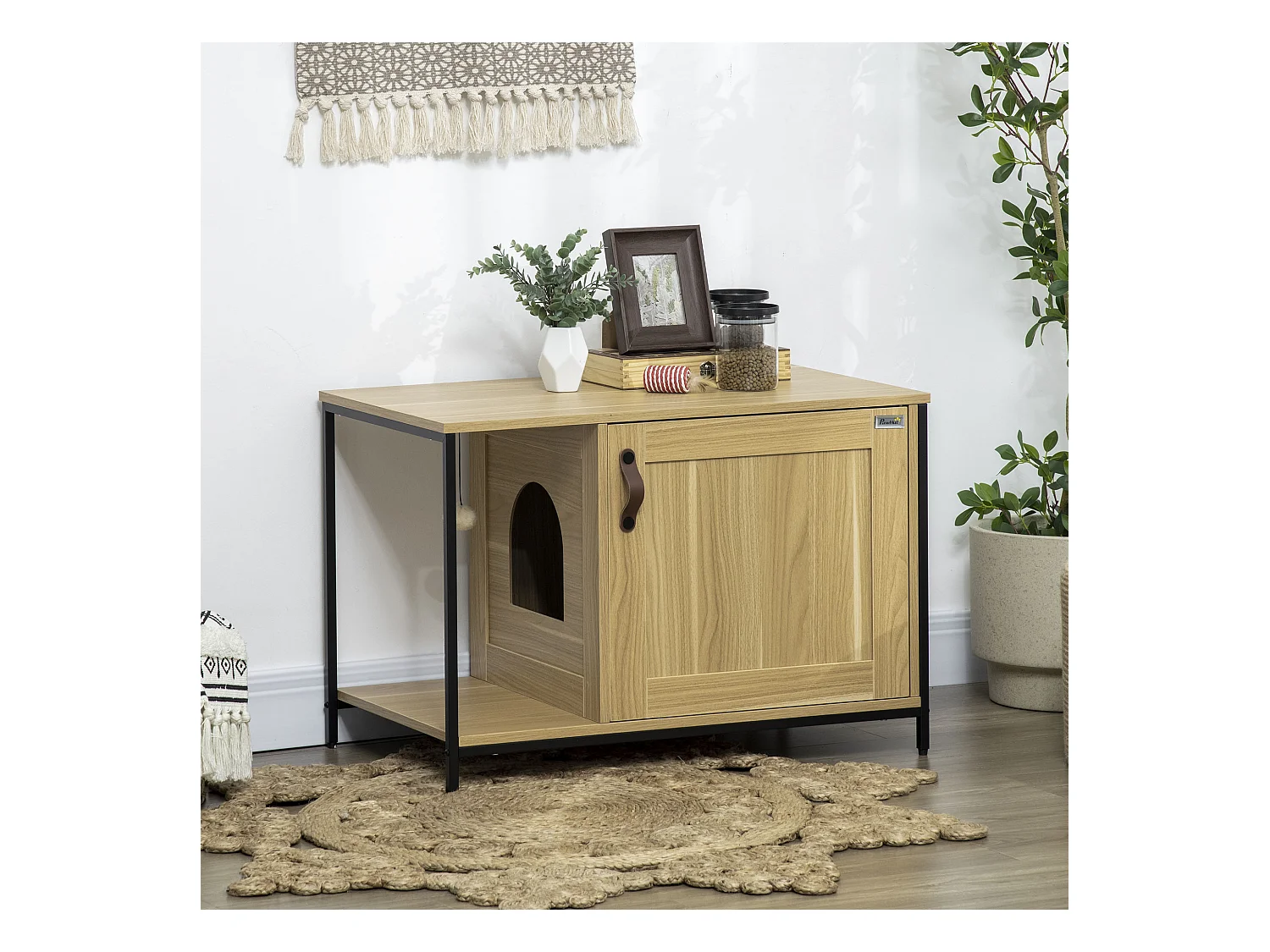 Maison de toilette pour chat style industriel porte entrée latérale boule suspendue châssis acier aspect bois clair