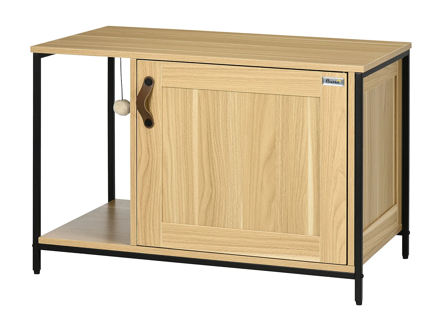 Maison de toilette pour chat style industriel porte entrée latérale boule suspendue châssis acier aspect bois clair