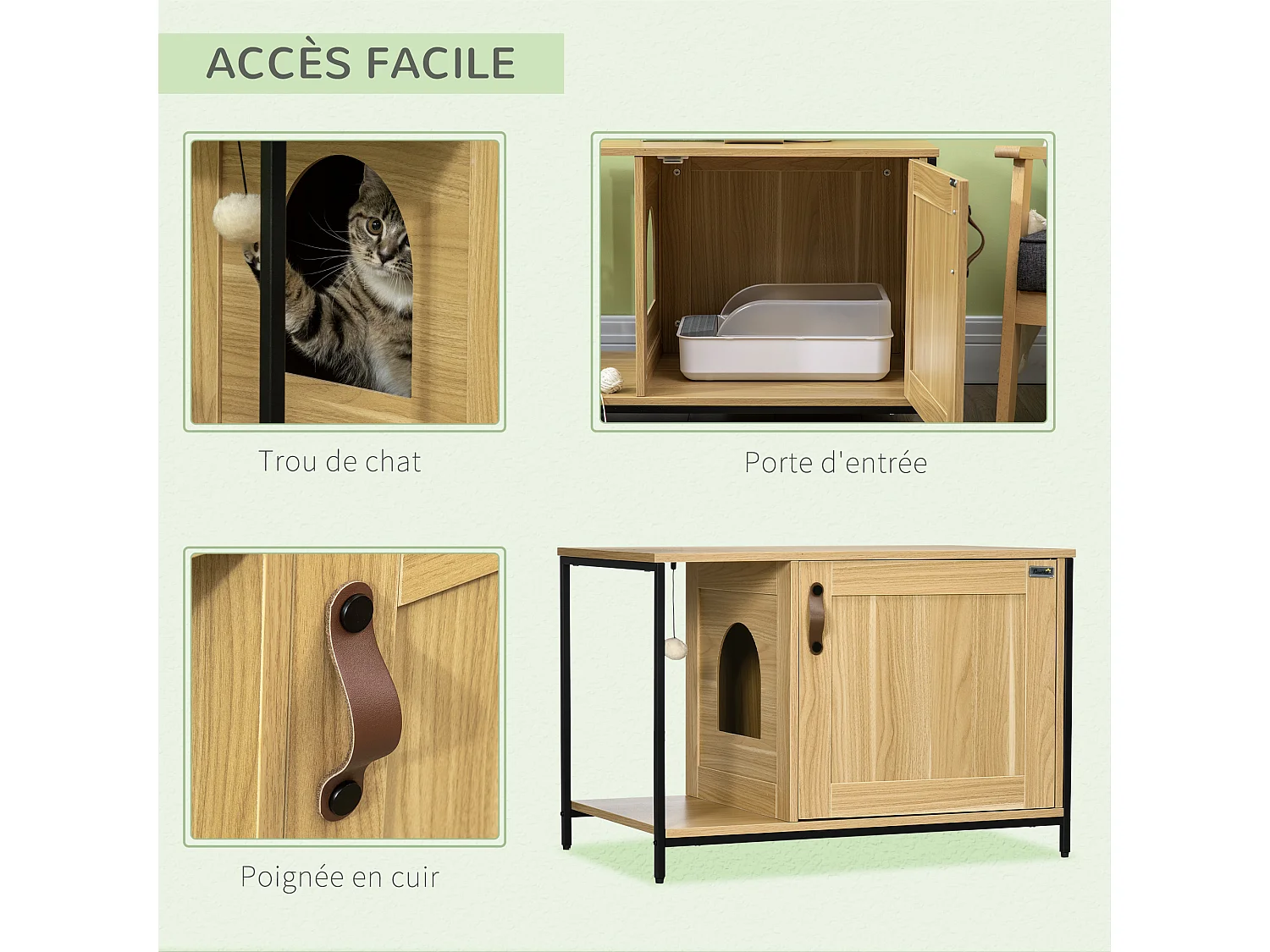 Maison de toilette pour chat style industriel porte entrée latérale boule suspendue châssis acier aspect bois clair