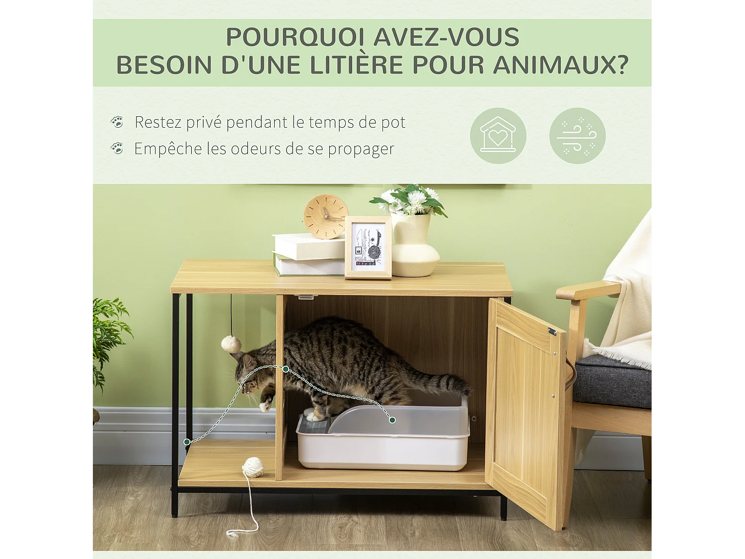 Maison de toilette pour chat style industriel porte entrée latérale boule suspendue châssis acier aspect bois clair