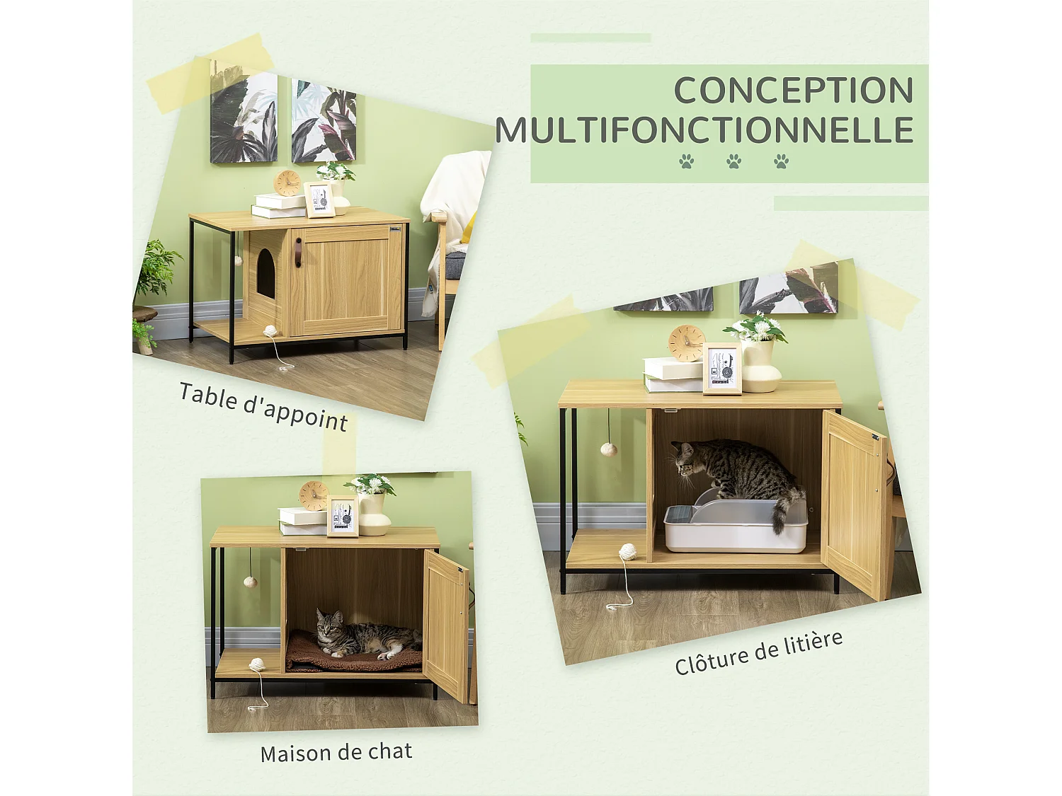 Maison de toilette pour chat style industriel porte entrée latérale boule suspendue châssis acier aspect bois clair