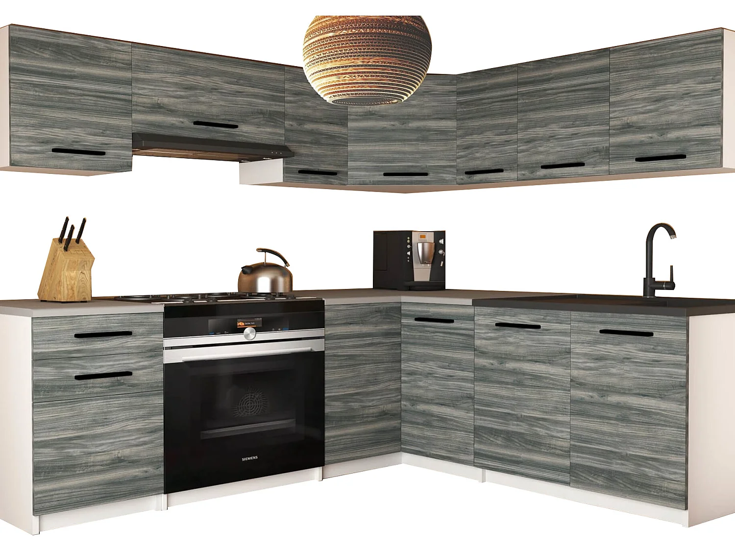 LIDIER - Cucina completa L360 cm - Cucina angolare 9 pz - Piano di lavoro incluso