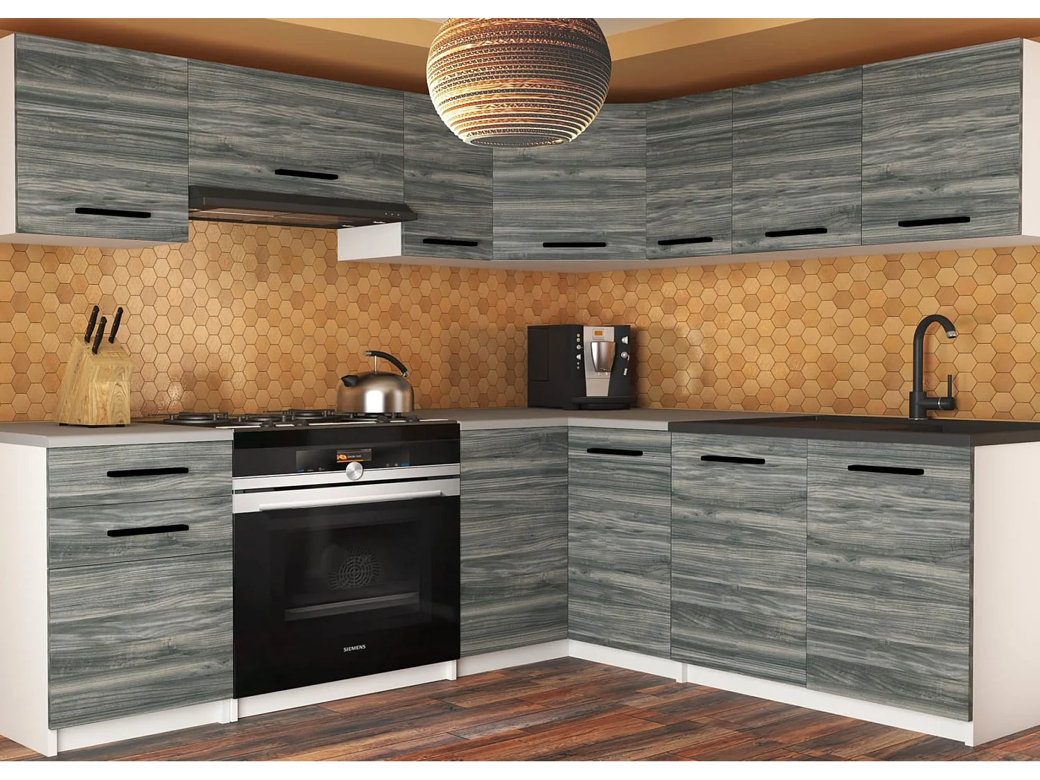 LIDIER - Cucina completa L360 cm - Cucina angolare 9 pz - Piano di lavoro incluso