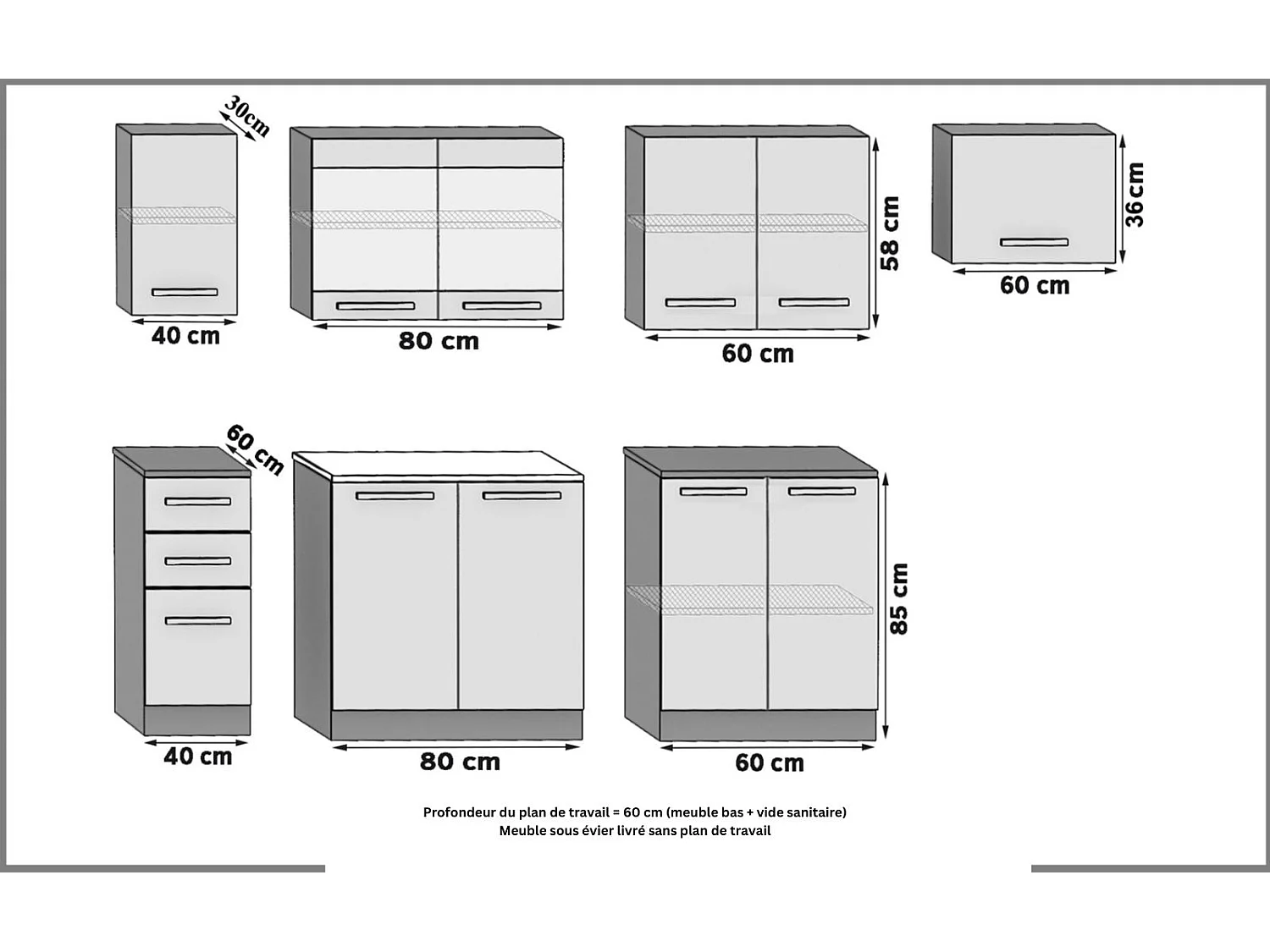 ELLANTO - Cuisine complète L240 cm - Cuisine droite 7 pcs - Plan de travail inclus