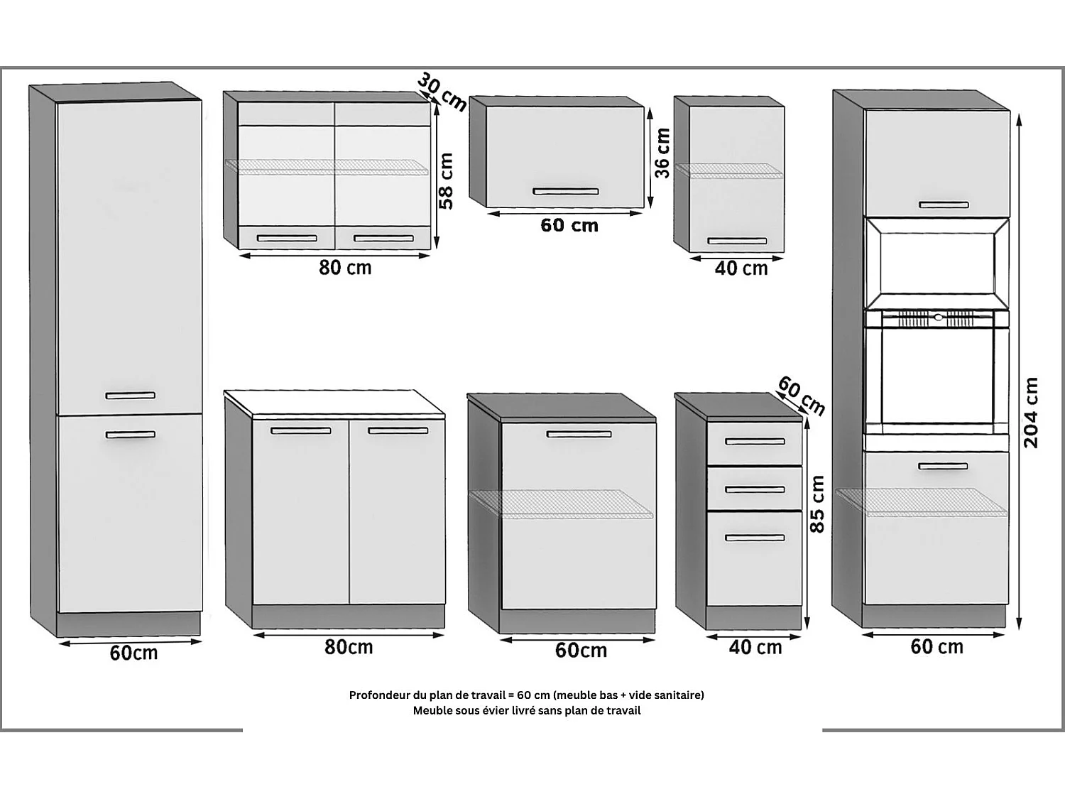SANNER - Cuisine complète L300 cm - Cuisine droite 8 pcs - Plan de travail inclus