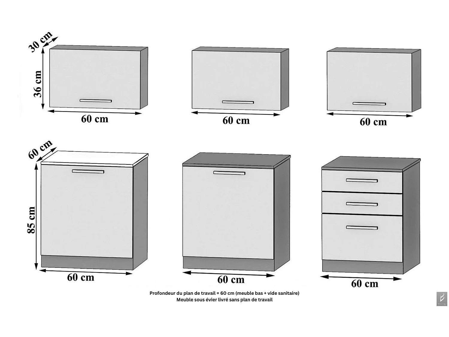 LAURENTO - Cuisine complète L180 cm - Cuisine droite 6 pcs - Plan de travail inclus
