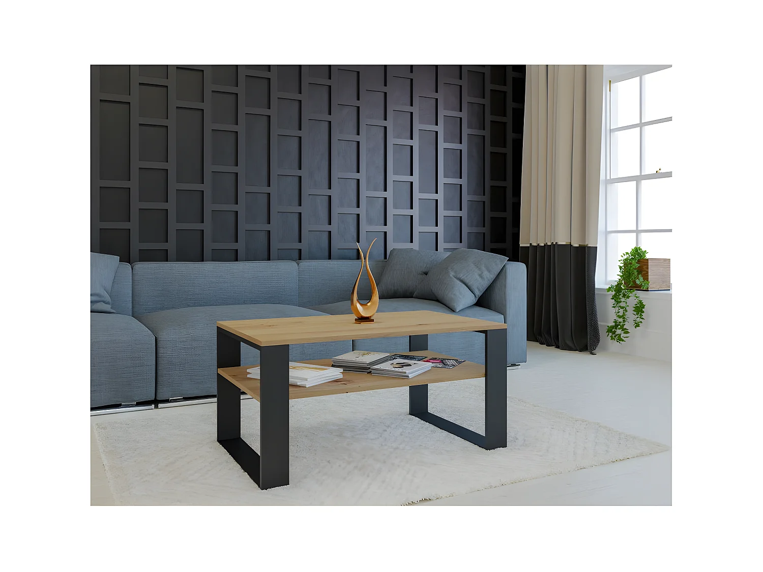 ASISA - Rechteckiger Couchtisch im Loftstil - Maße 90x58x50 cm - Couchtisch mit Regal