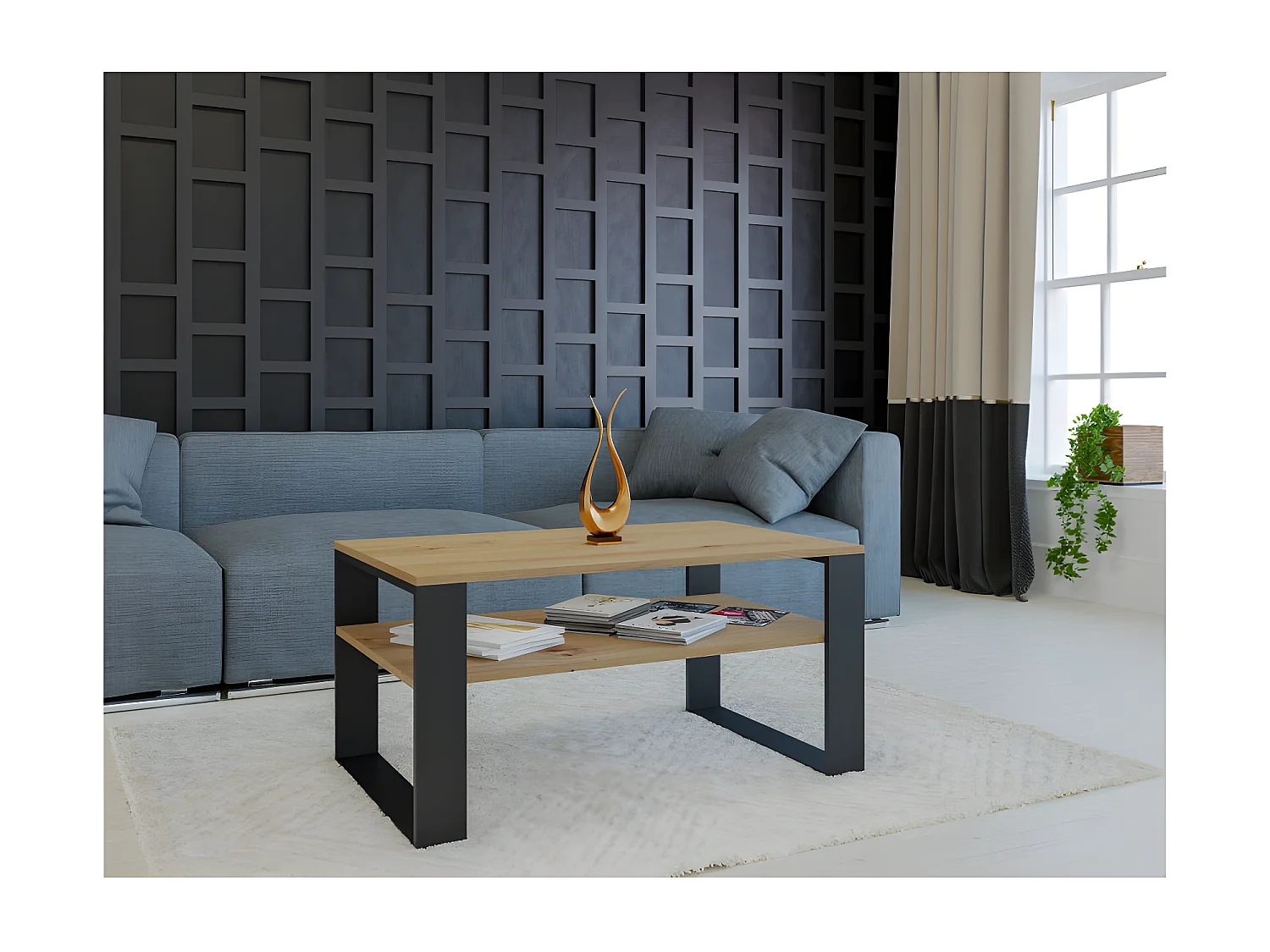 ASISA - Tavolino rettangolare in stile Loft - Dimensioni 90x58x50 cm - Tavolino con ripiano