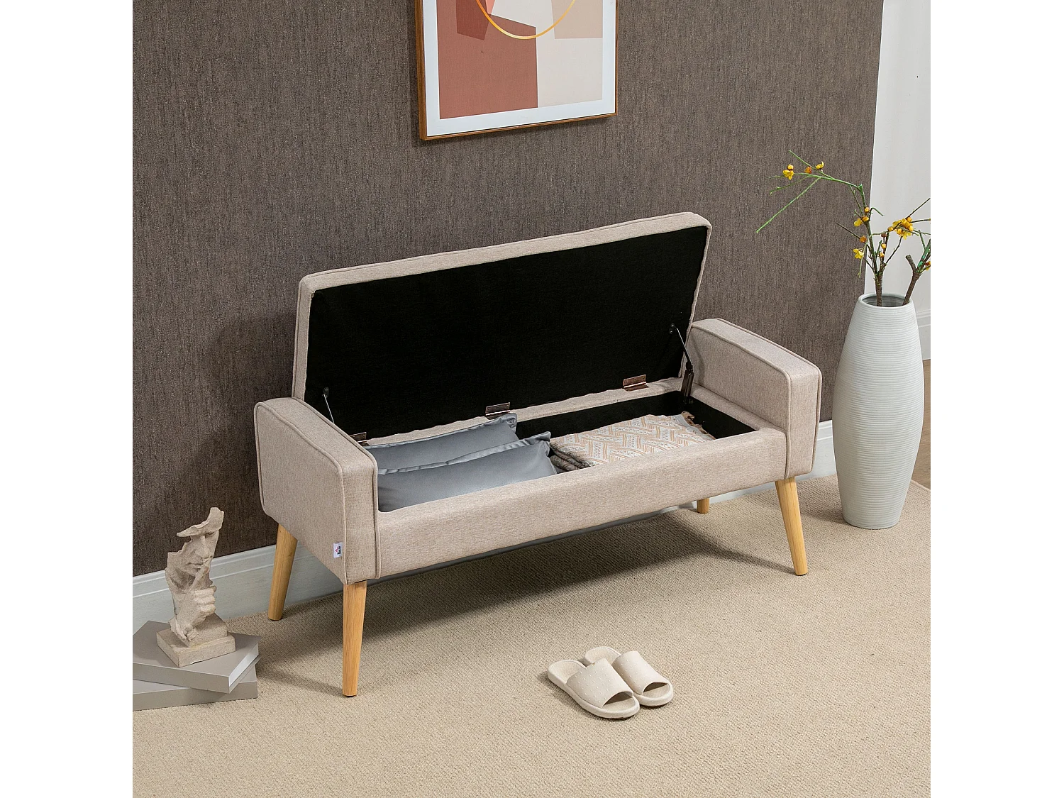 Banco de almacenaje beige y madera natural 120x45x54 cm HOMCOM