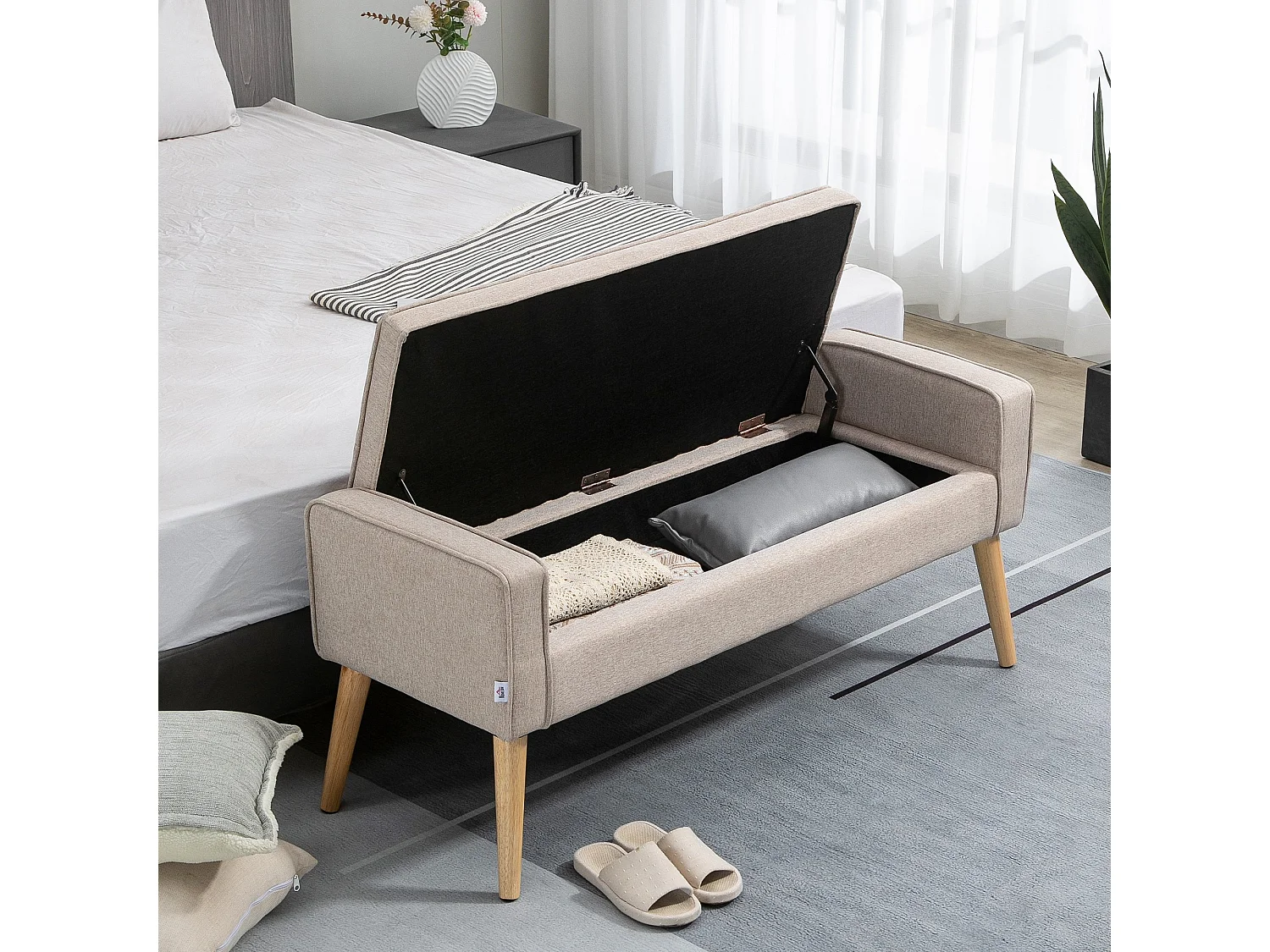 Banco de almacenaje beige y madera natural 120x45x54 cm HOMCOM