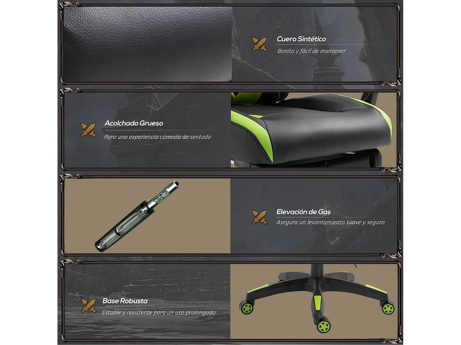 Silla para gaming negro y verde 65x70x125 cm Vinsetto