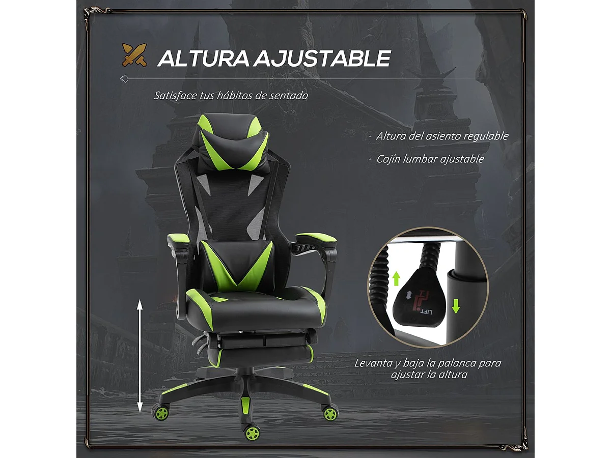 Silla para gaming negro y verde 65x70x125 cm Vinsetto