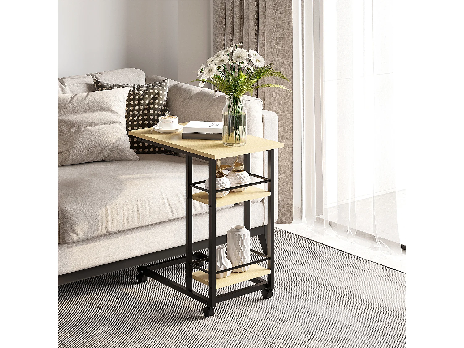 Mesa auxiliar móvil madera natural 60x34.5x64.5 cm HOMCOM