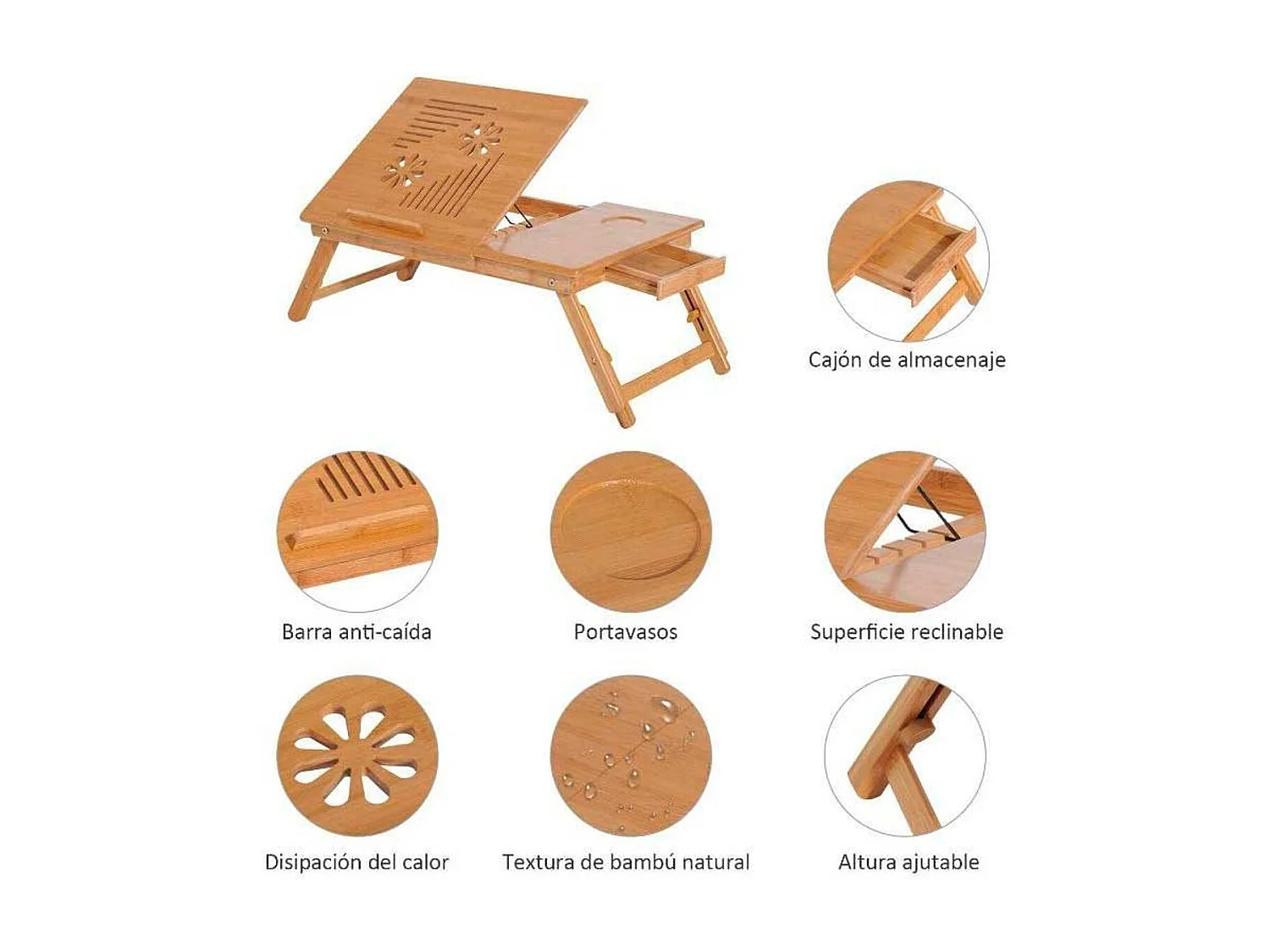 Mesa de ordenador portátil natural bambú 55x35x30 cm HOMCOM