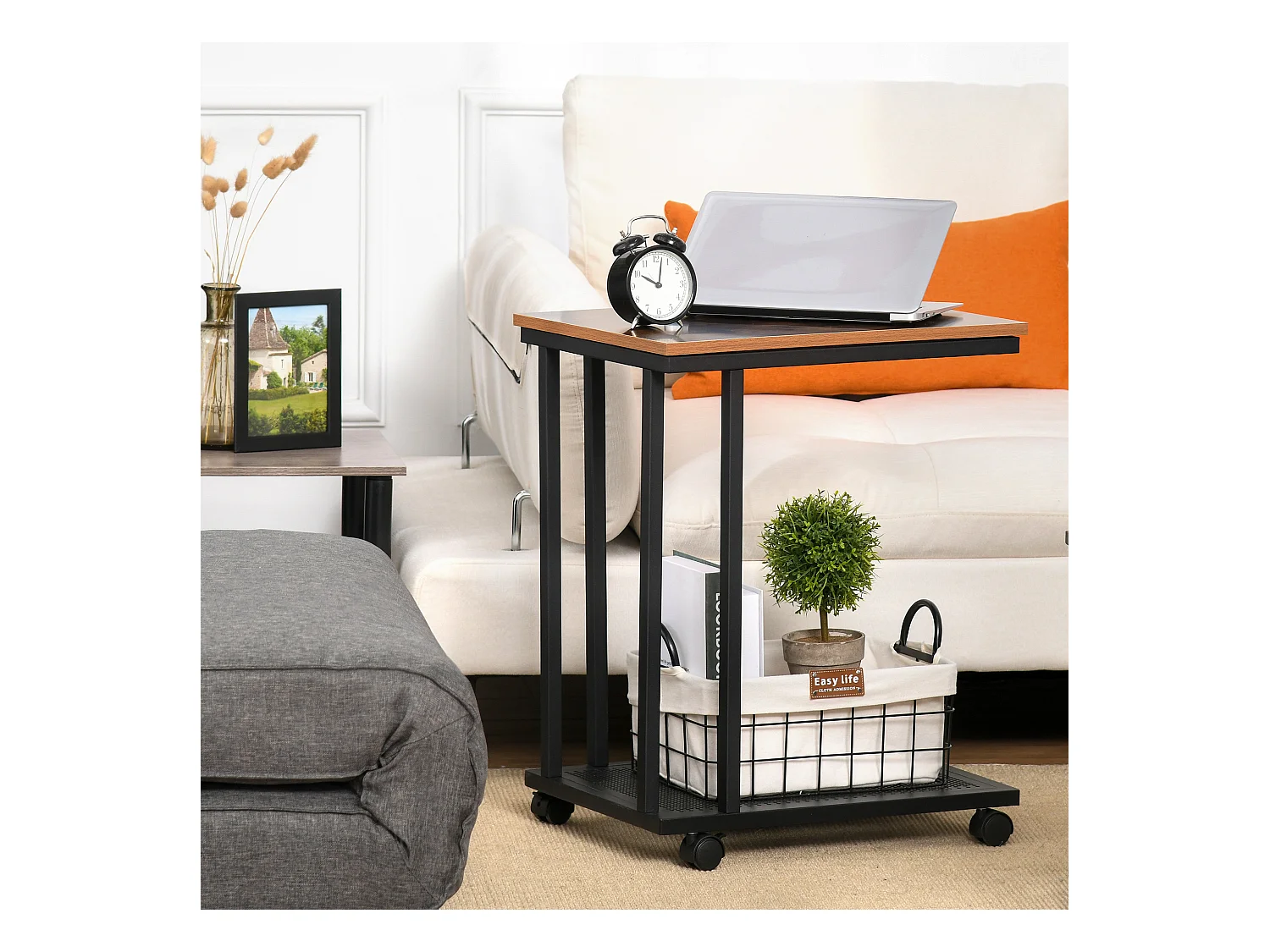 Mesa lateral negro y madera 51x36x65 cm HOMCOM